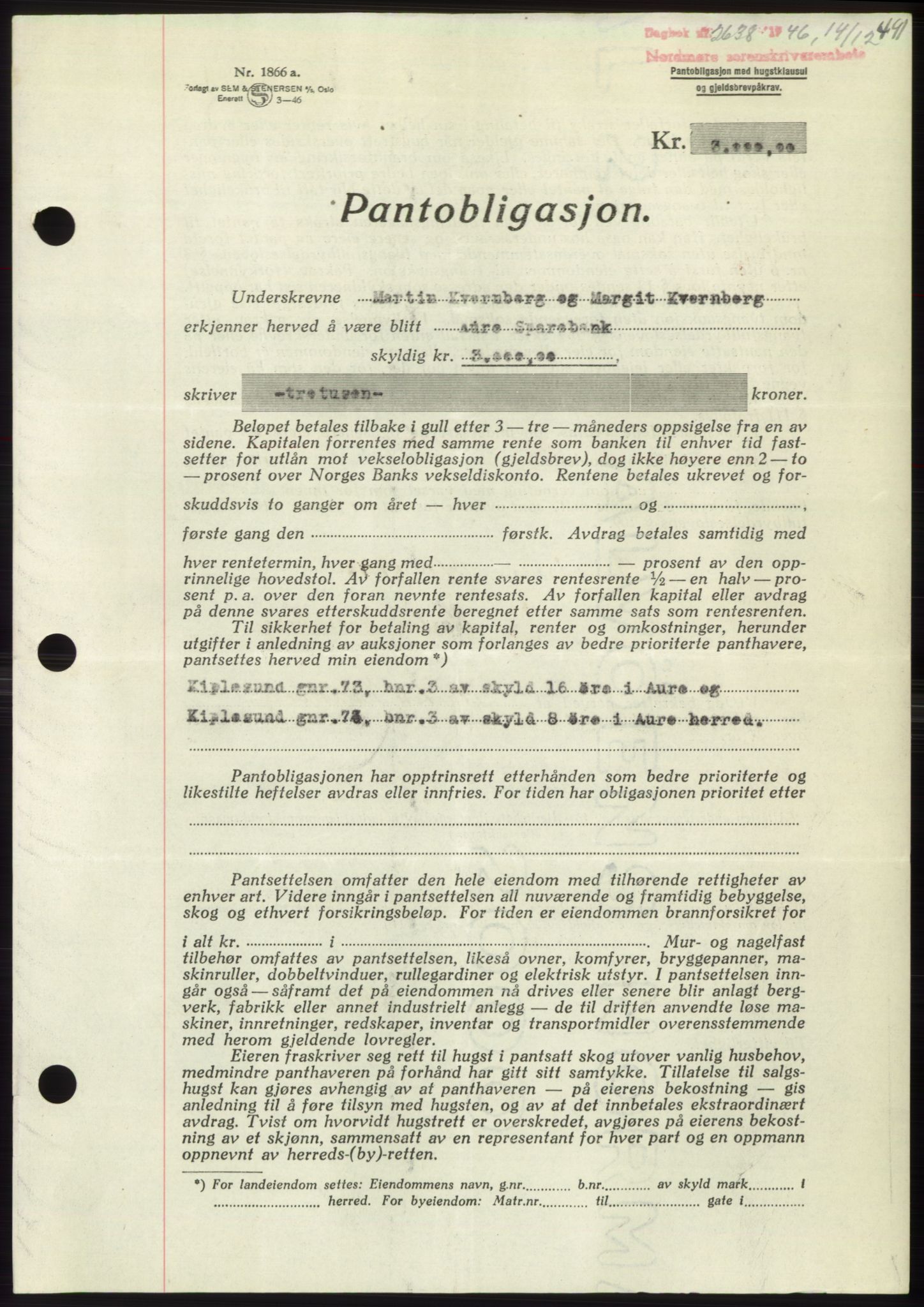 Nordmøre sorenskriveri, AV/SAT-A-4132/1/2/2Ca: Pantebok nr. B95, 1946-1947, Dagboknr: 2638/1946