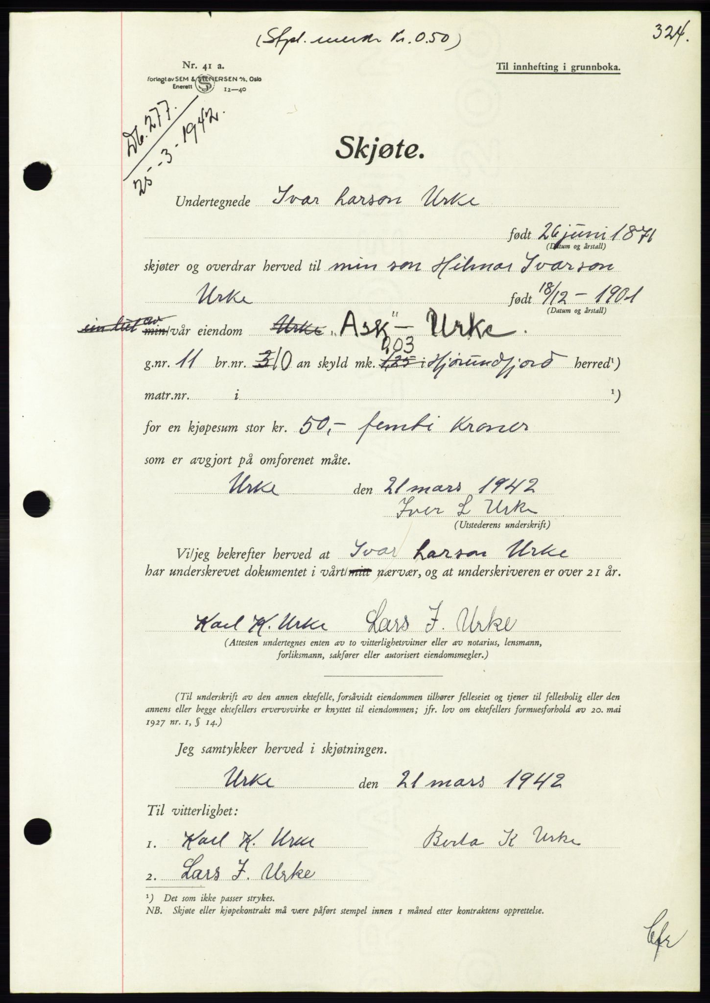 Søre Sunnmøre sorenskriveri, AV/SAT-A-4122/1/2/2C/L0073: Pantebok nr. 67, 1941-1942, Dagboknr: 277/1942