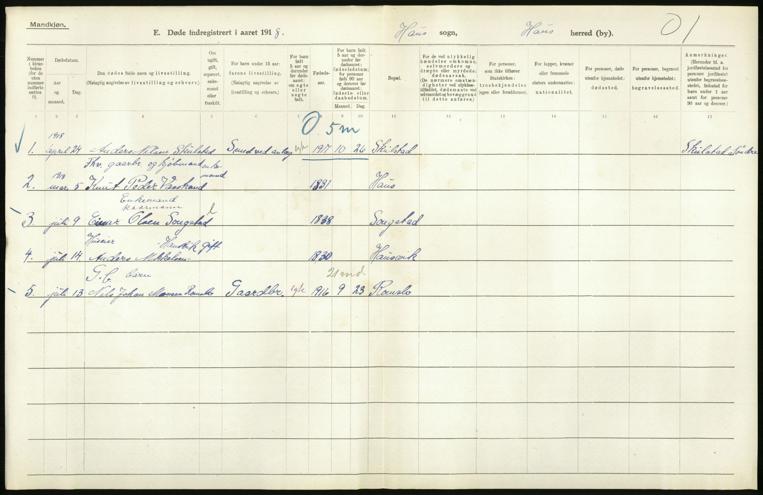 Statistisk sentralbyrå, Sosiodemografiske emner, Befolkning, AV/RA-S-2228/D/Df/Dfb/Dfbh/L0036: Hordaland fylke: Døde., 1918, s. 206