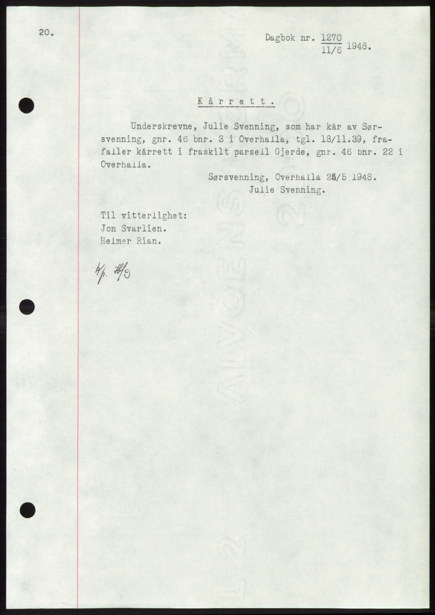 Namdal sorenskriveri, SAT/A-4133/1/2/2C: Pantebok nr. -, 1948-1948, Dagboknr: 1270/1948