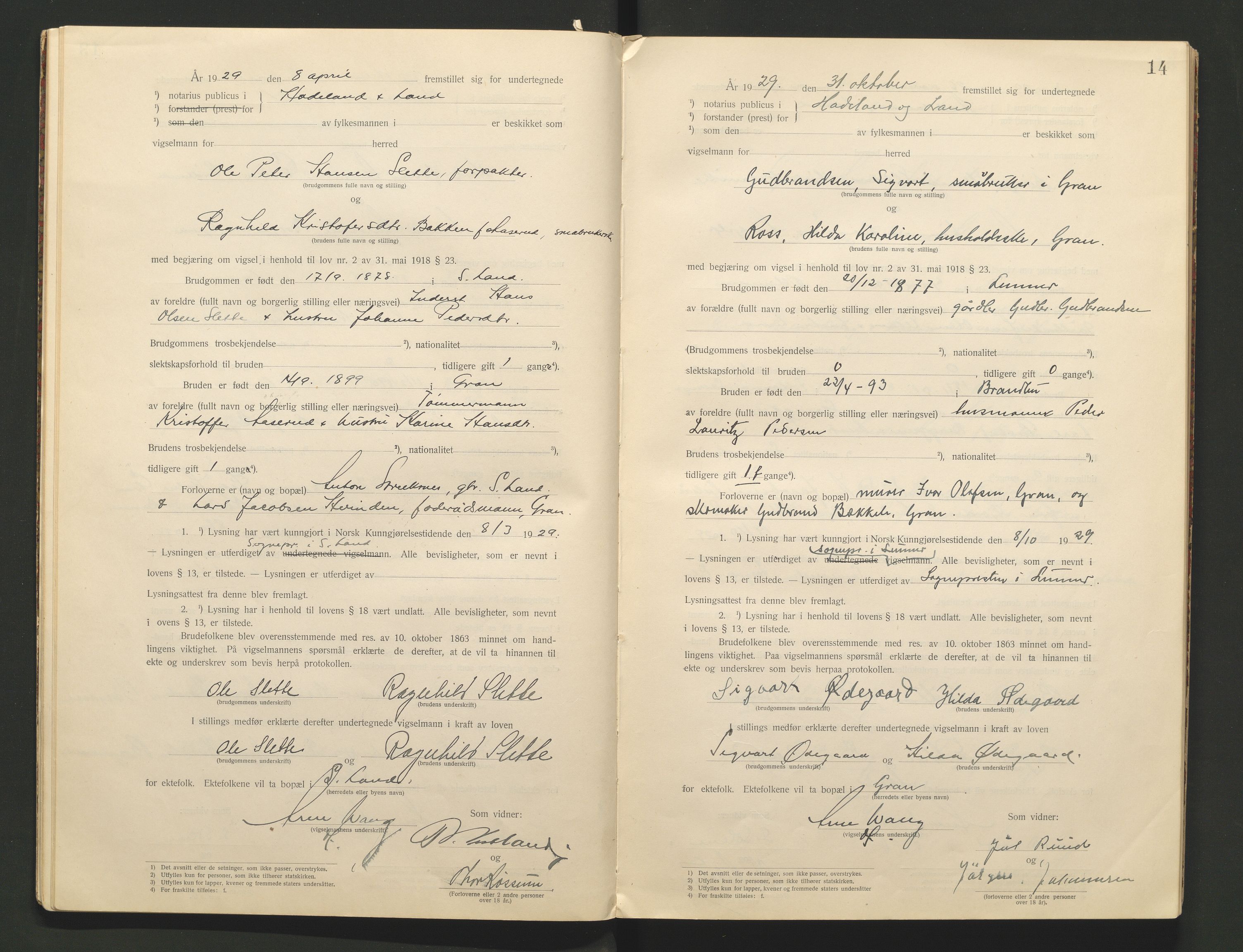 Hadeland og Land tingrett, AV/SAH-TING-010/L/Lb/L0001: Vigselbok, 1920-1943, s. 14