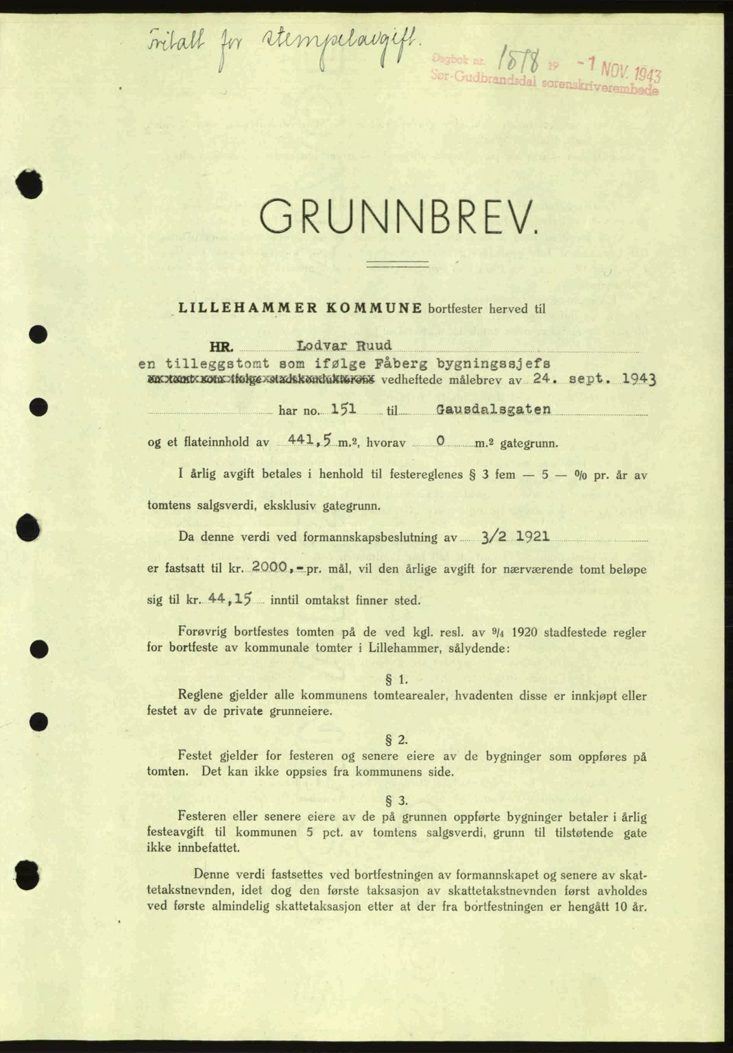 Sør-Gudbrandsdal tingrett, SAH/TING-004/H/Hb/Hbd/L0012: Pantebok nr. A12, 1943-1944, Dagboknr: 1518/1943