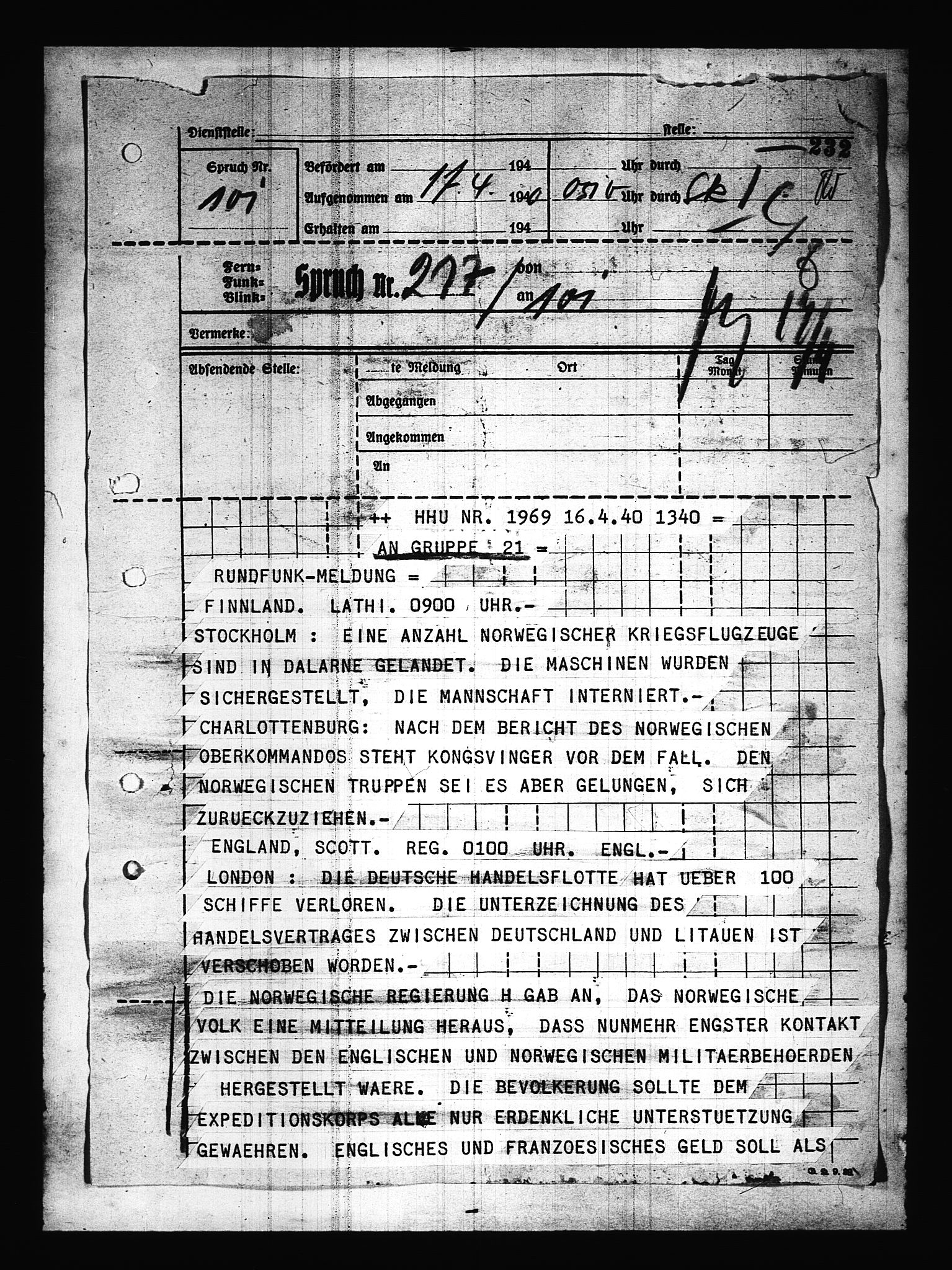Documents Section, AV/RA-RAFA-2200/V/L0085: Amerikansk mikrofilm "Captured German Documents".
Box No. 724.  FKA jnr. 615/1954., 1940-1941, s. 16