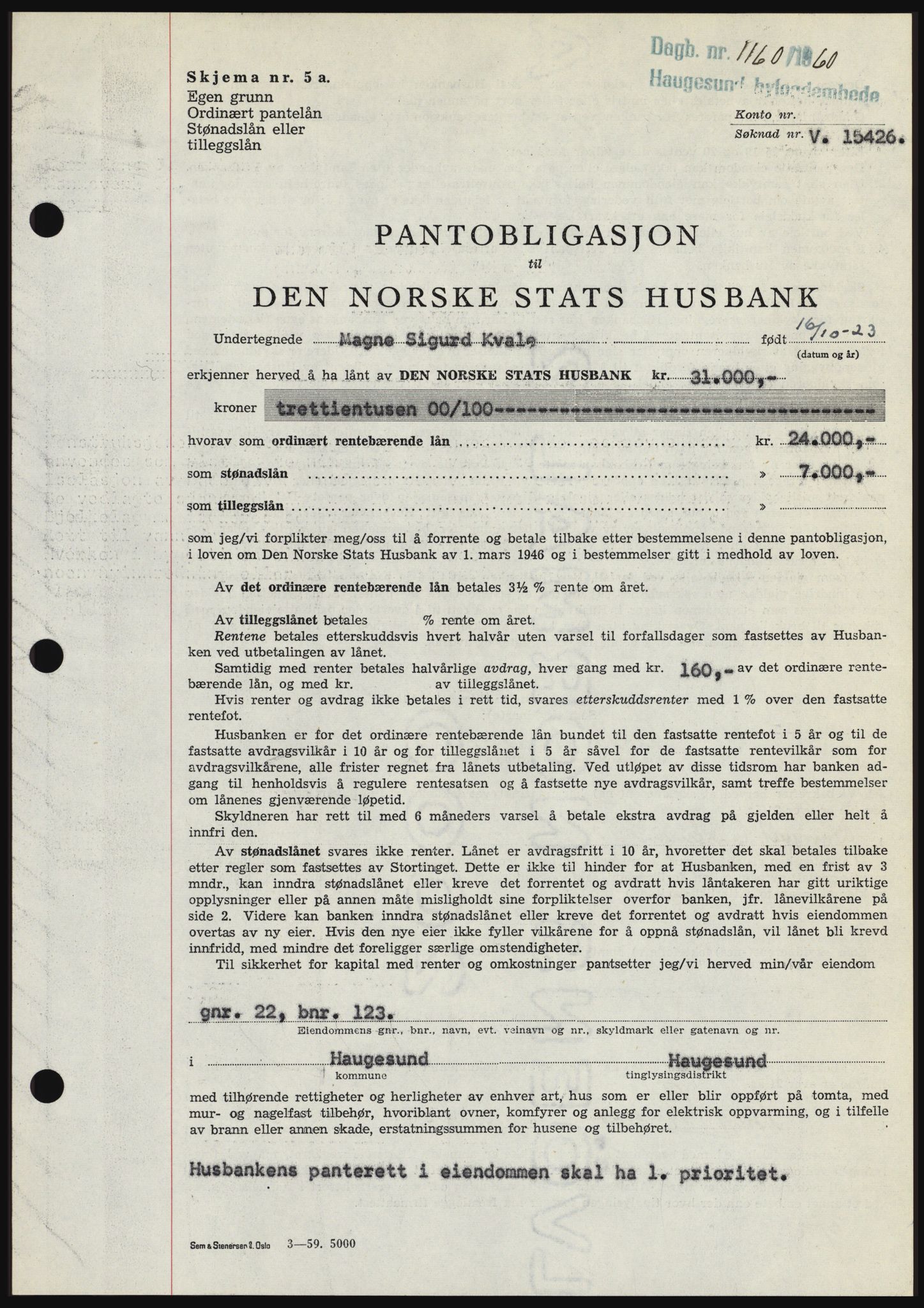 Haugesund tingrett, SAST/A-101415/01/II/IIC/L0046: Pantebok nr. B 46, 1960-1960, Dagboknr: 1160/1960