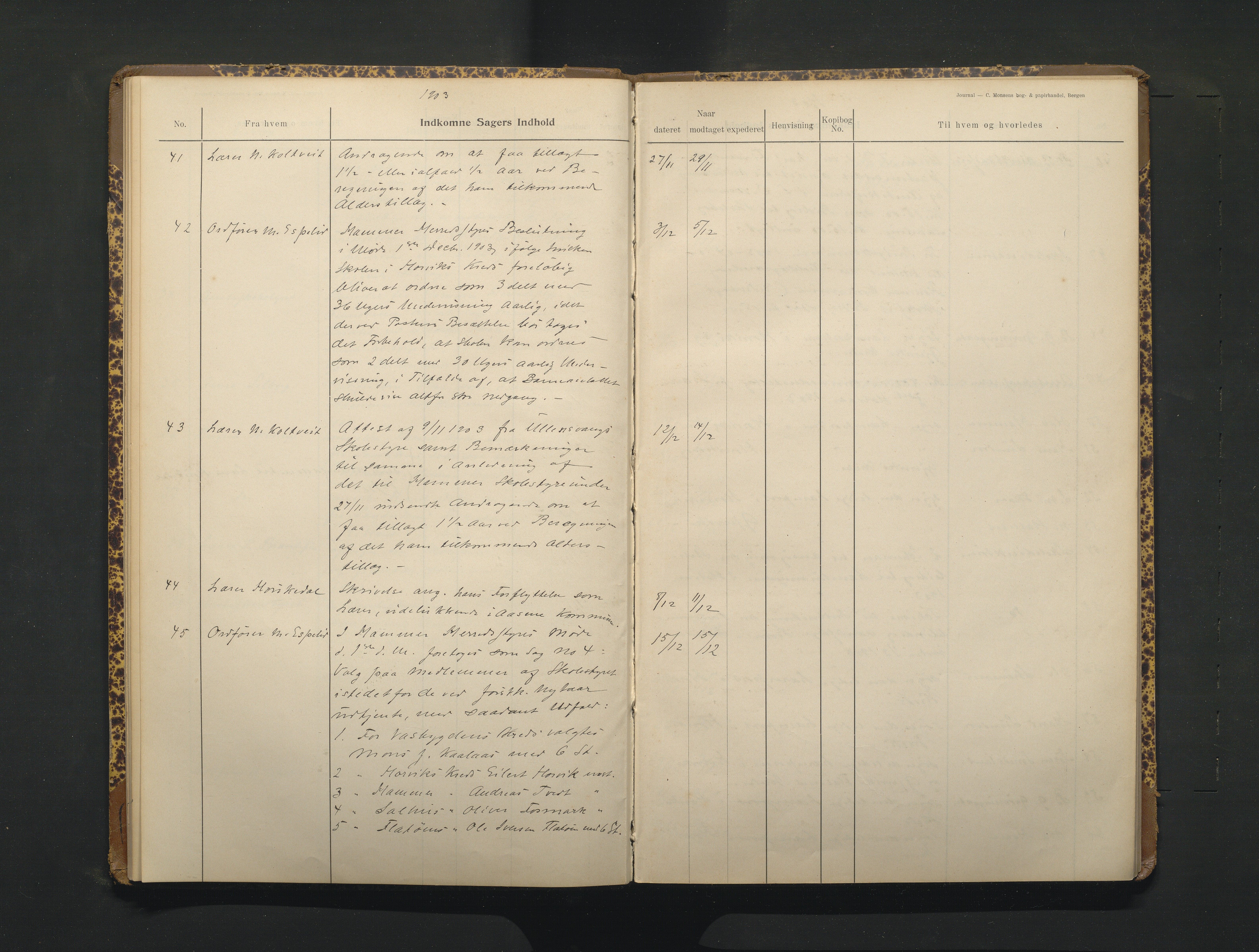 Hamre kommune. Skulestyret, IKAH/1254-211/C/Ca/L0003: Postjournal for Hamre skulestyre, 1901-1916