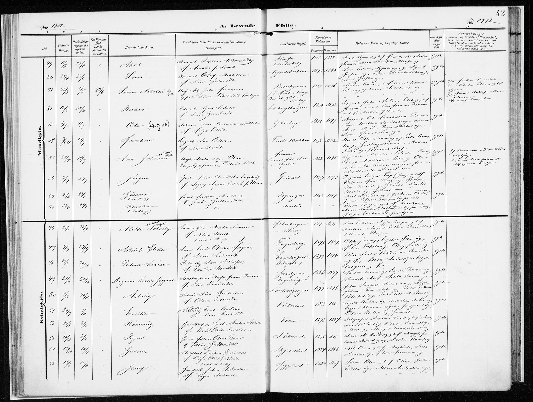 Løten prestekontor, AV/SAH-PREST-022/K/Ka/L0011: Ministerialbok nr. 11, 1908-1917, s. 42