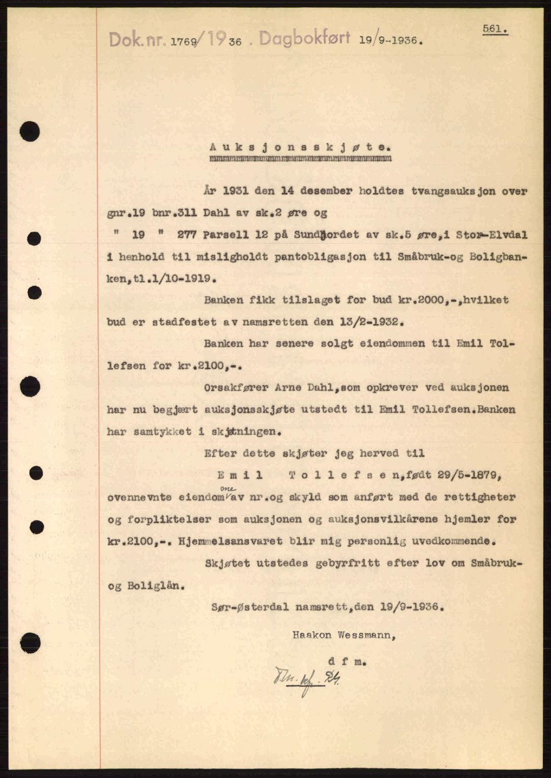 Sør-Østerdal sorenskriveri, SAH/TING-018/H/Hb/Hbb/L0054: Pantebok nr. A54, 1936-1936, Dagboknr: 1769/1936
