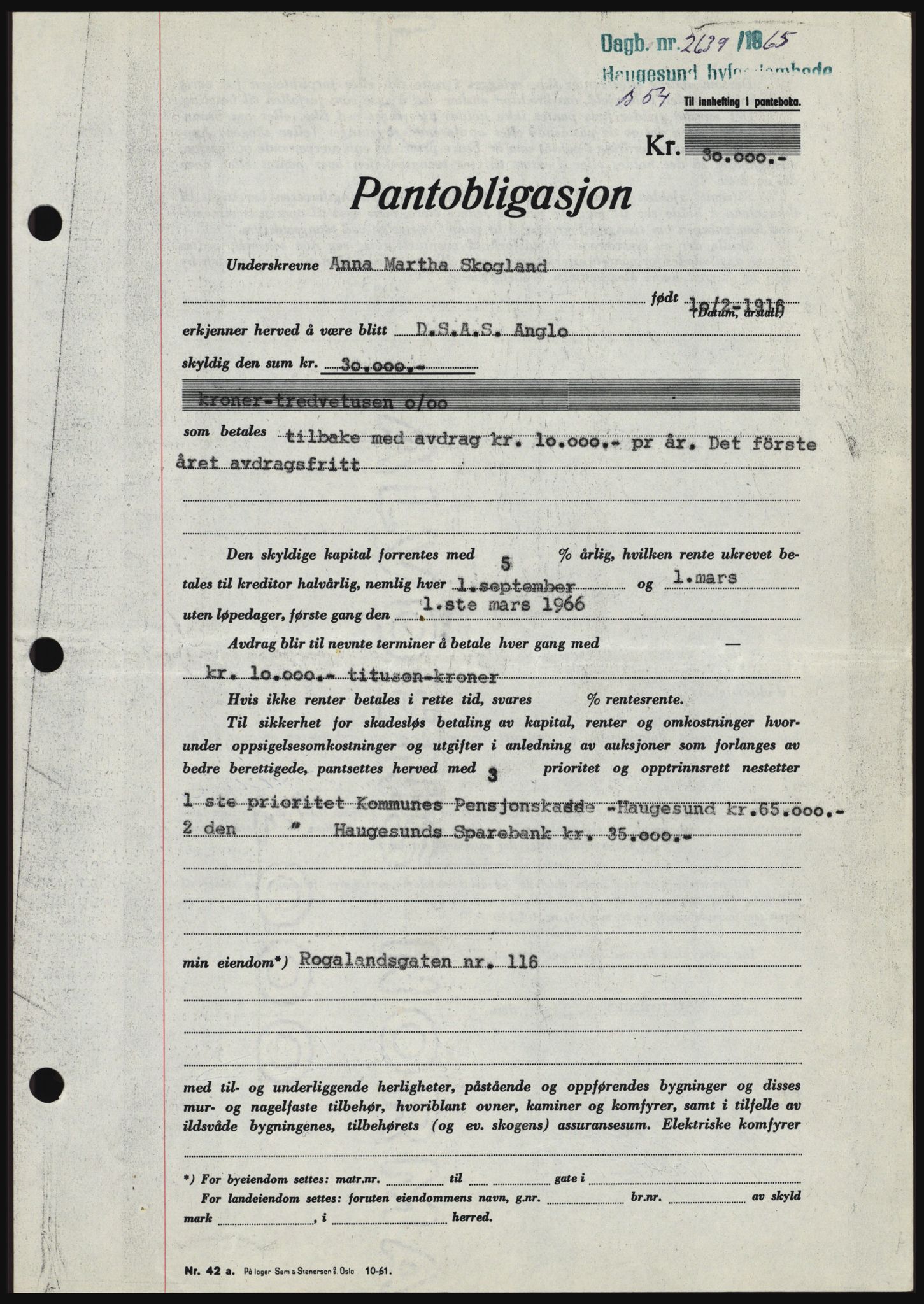 Haugesund tingrett, SAST/A-101415/01/II/IIC/L0054: Pantebok nr. B 54, 1965-1966, Dagboknr: 2639/1965