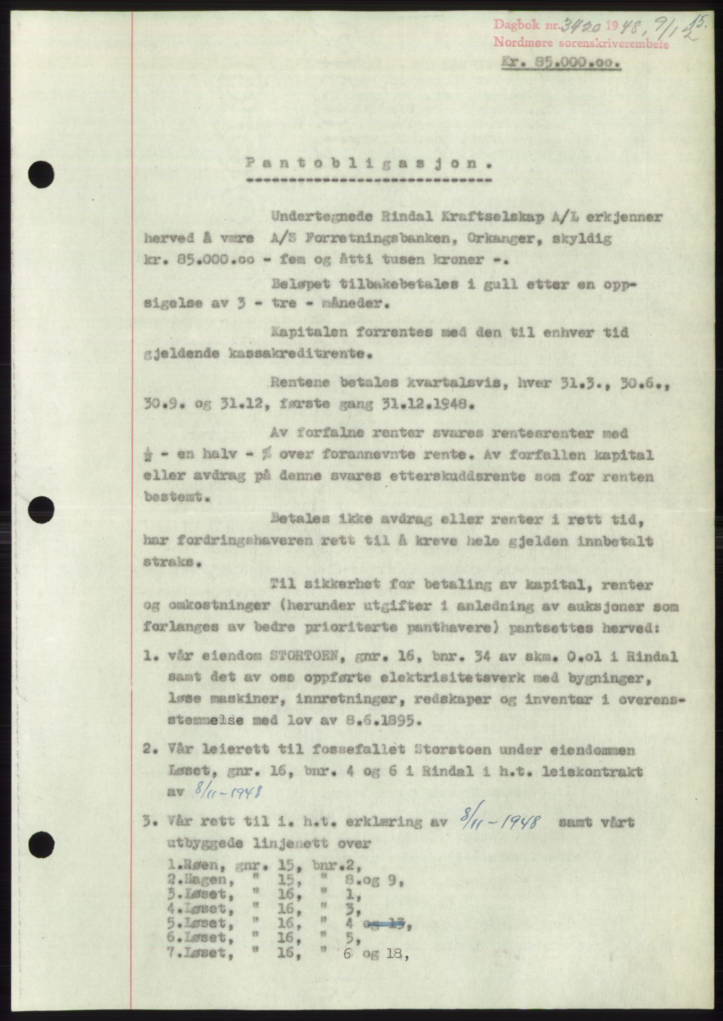 Nordmøre sorenskriveri, SAT/A-4132/1/2/2Ca: Pantebok nr. B100, 1948-1949, Dagboknr: 3420/1948