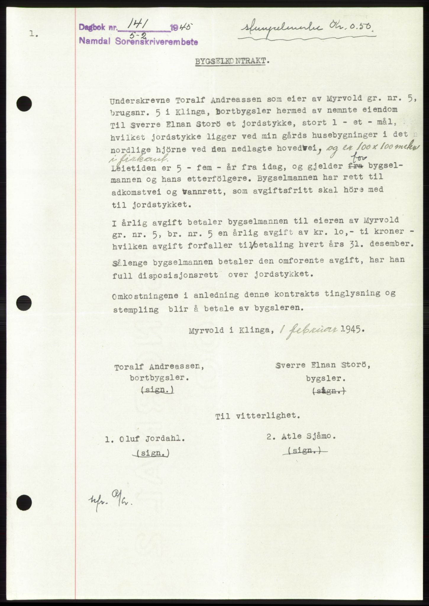Namdal sorenskriveri, SAT/A-4133/1/2/2C: Pantebok nr. -, 1944-1945, Dagboknr: 141/1945