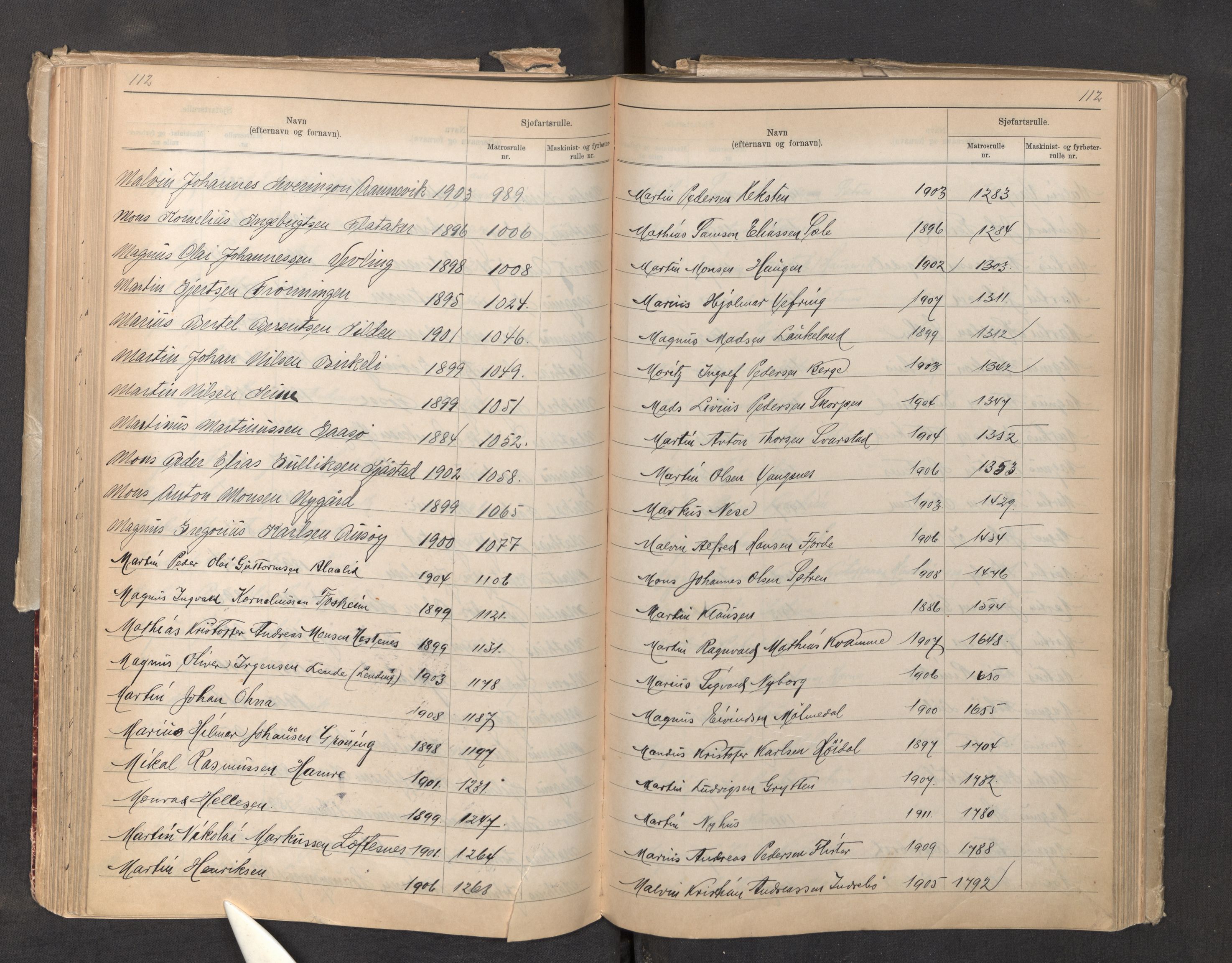 Innrulleringssjefen i Bergen, AV/SAB-A-100050/F/Fa/L0006: Register til sjøfartsrulle, Florø krets, 1868-1949, s. 112