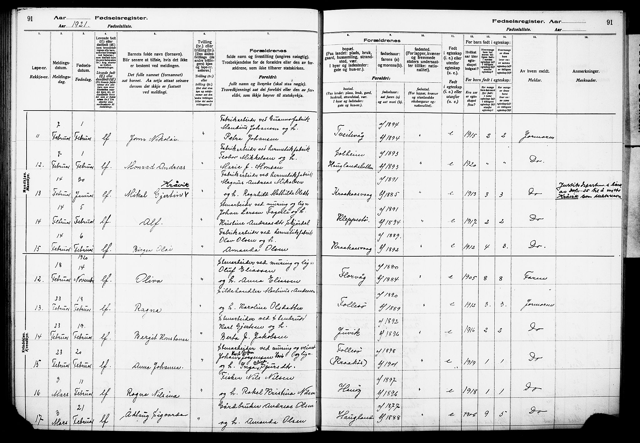 Askøy Sokneprestembete, AV/SAB-A-74101/I/Id/L00A1: Fødselsregister nr. A 1, 1916-1928, s. 91