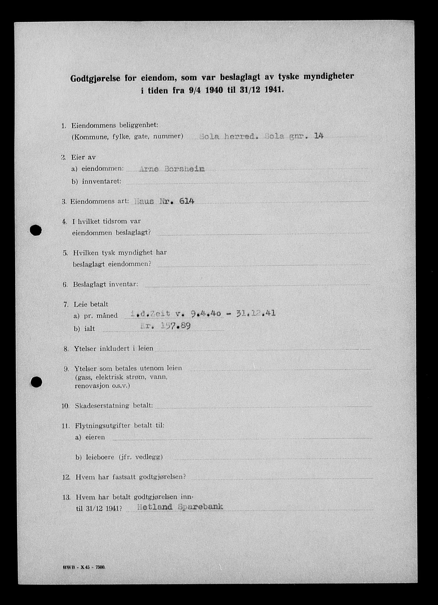 Justisdepartementet, Tilbakeføringskontoret for inndratte formuer, AV/RA-S-1564/I/L1014: Godtgjørelse for beslaglagt eiendom, 1940-1941, s. 204
