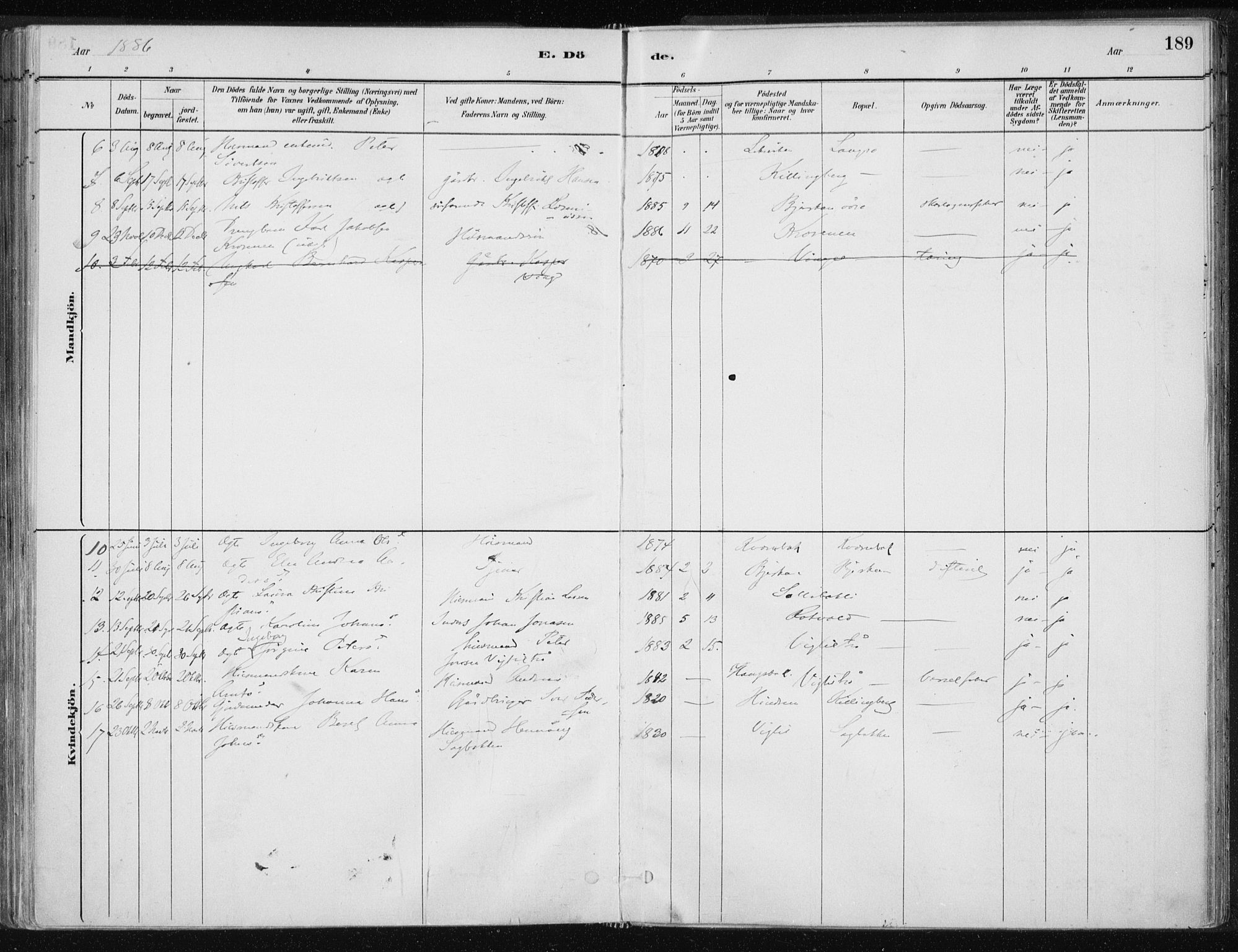 Ministerialprotokoller, klokkerbøker og fødselsregistre - Nord-Trøndelag, SAT/A-1458/701/L0010: Ministerialbok nr. 701A10, 1883-1899, s. 189