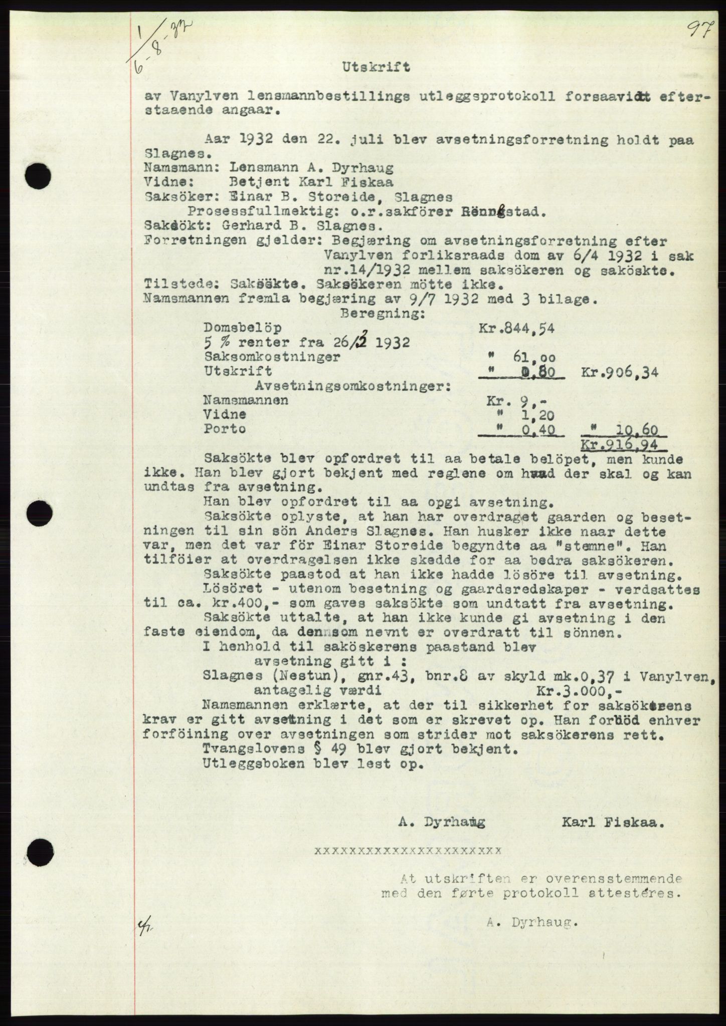 Søre Sunnmøre sorenskriveri, AV/SAT-A-4122/1/2/2C/L0054: Pantebok nr. 48, 1932-1933, Tingl.dato: 06.08.1932