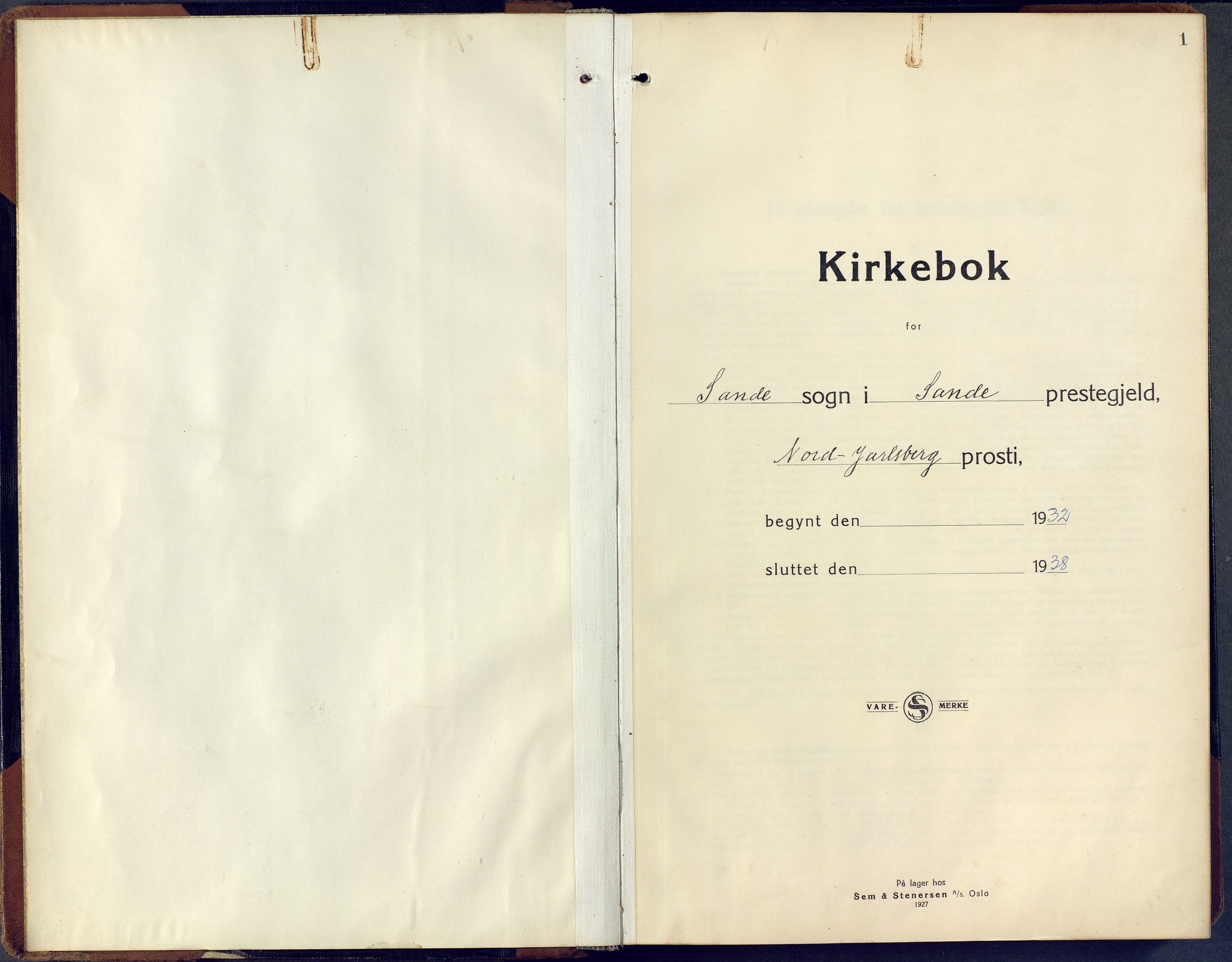 Sande Kirkebøker, AV/SAKO-A-53/F/Fa/L0010: Ministerialbok nr. 9, 1932-1938, s. 1