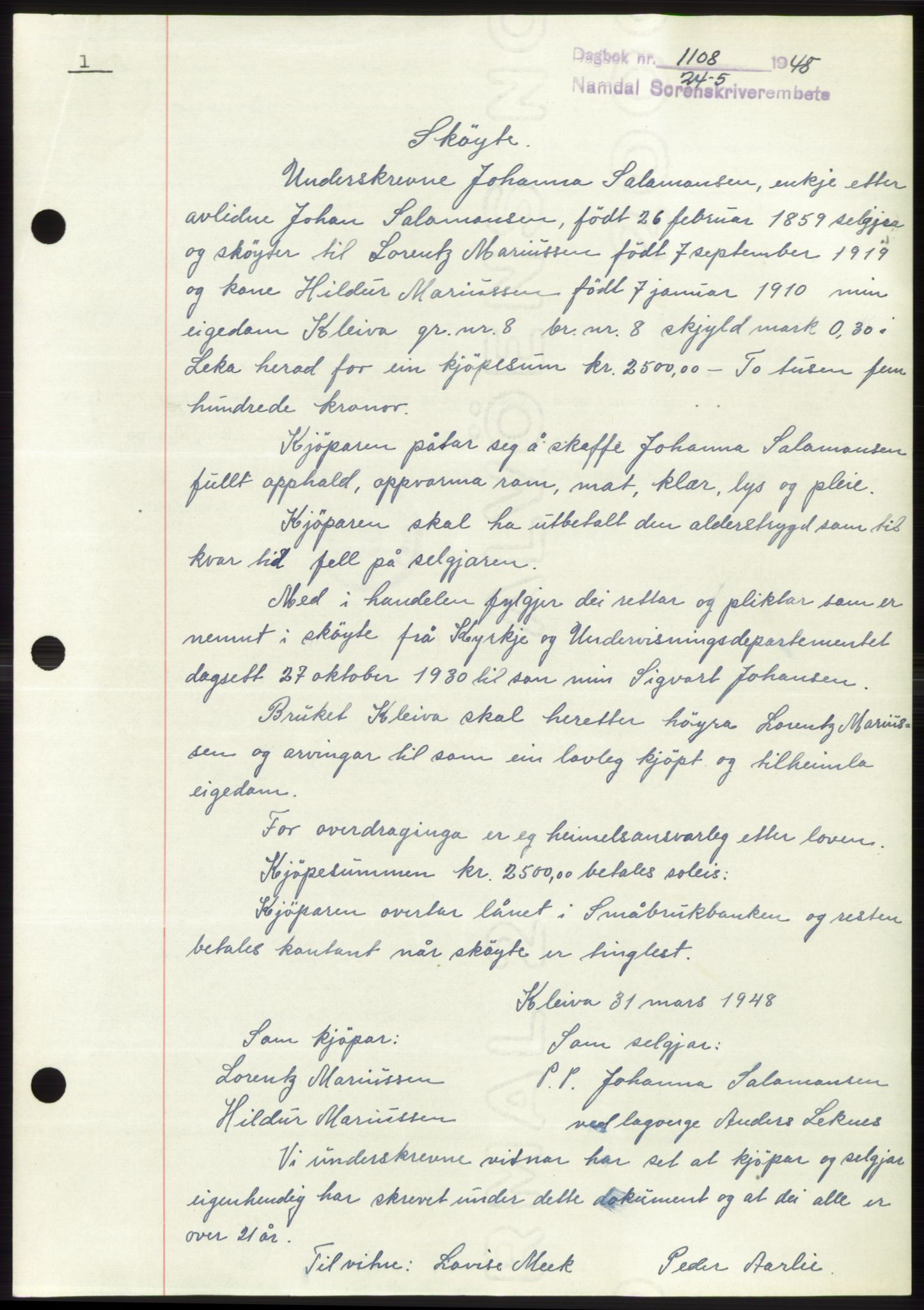 Namdal sorenskriveri, SAT/A-4133/1/2/2C: Pantebok nr. -, 1947-1948, Dagboknr: 1108/1948