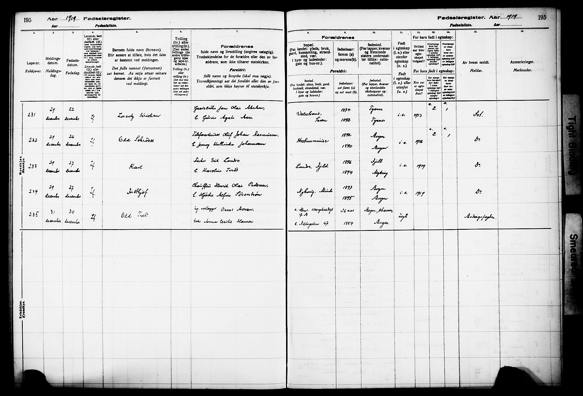 Kvinneklinikken, SAB/A-76301/F/L0A01: Fødselsregister nr. A 1, 1916-1920, s. 195