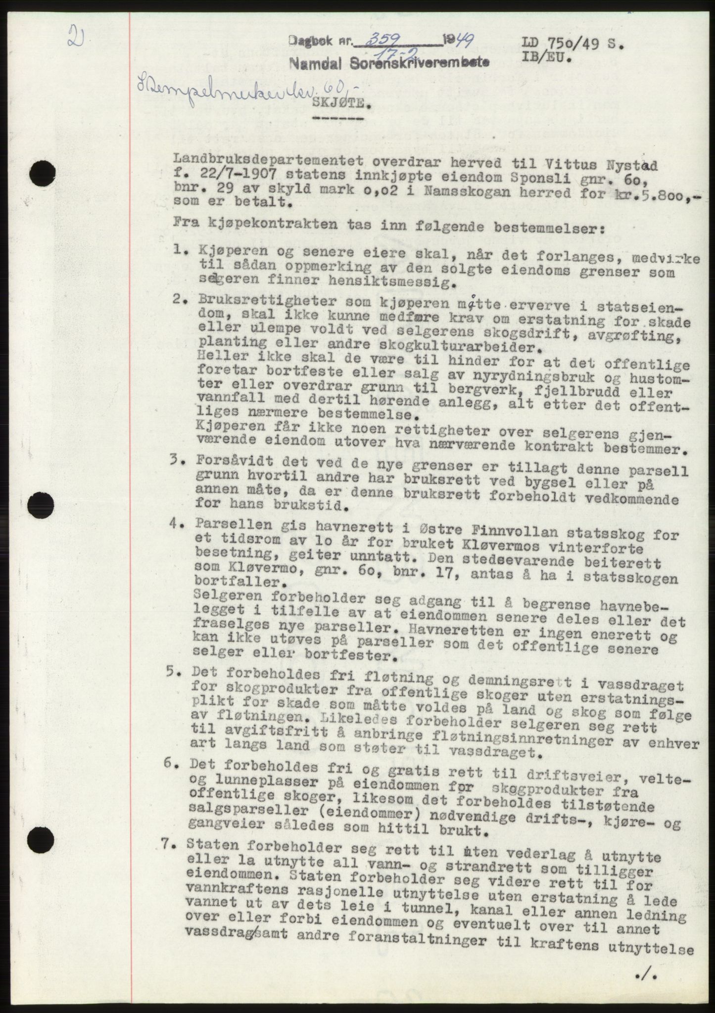 Namdal sorenskriveri, SAT/A-4133/1/2/2C: Pantebok nr. -, 1949-1949, Dagboknr: 359/1949