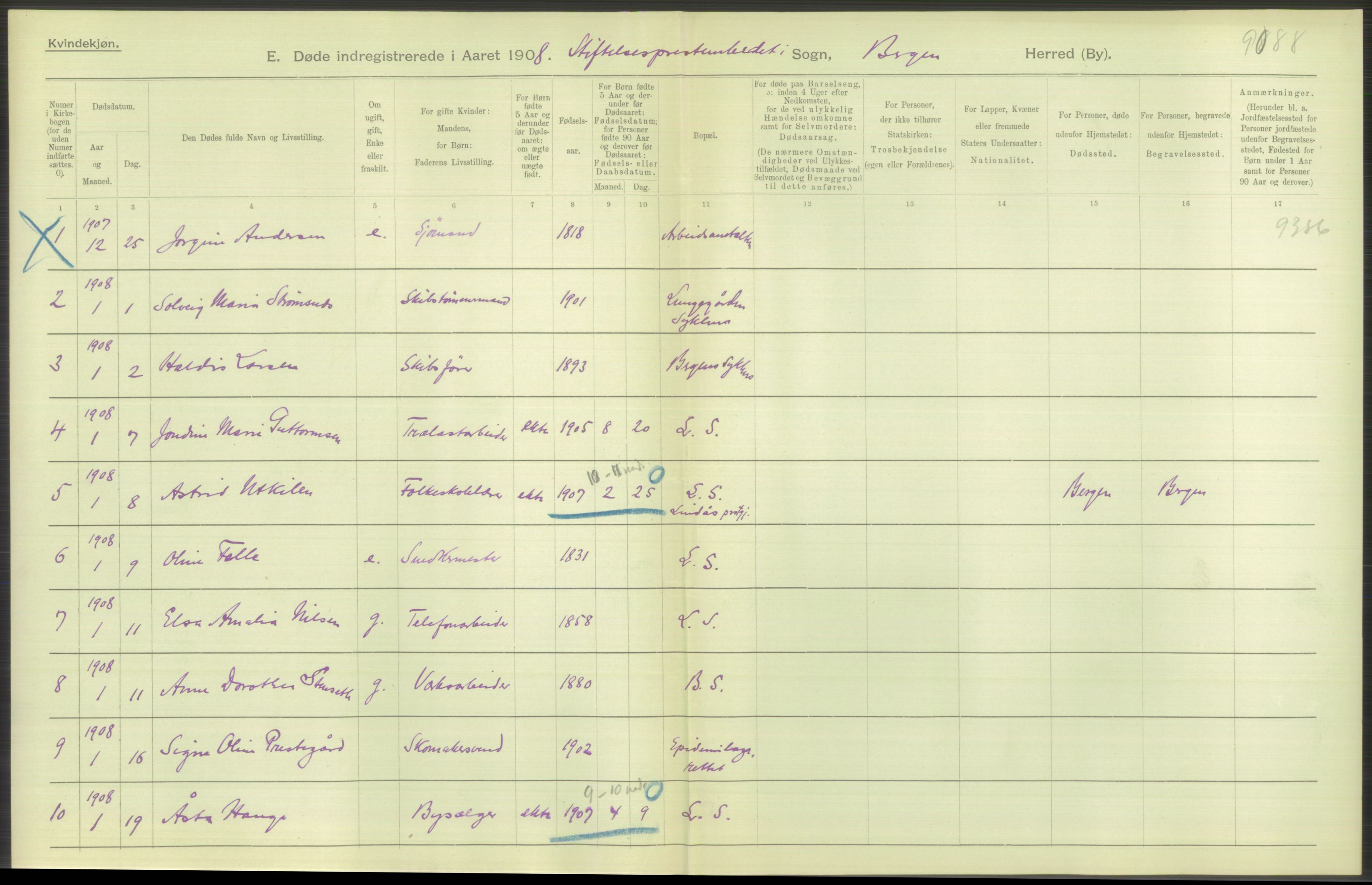 Statistisk sentralbyrå, Sosiodemografiske emner, Befolkning, AV/RA-S-2228/D/Df/Dfa/Dfaf/L0031: Bergen: Gifte, døde, dødfødte., 1908, s. 4