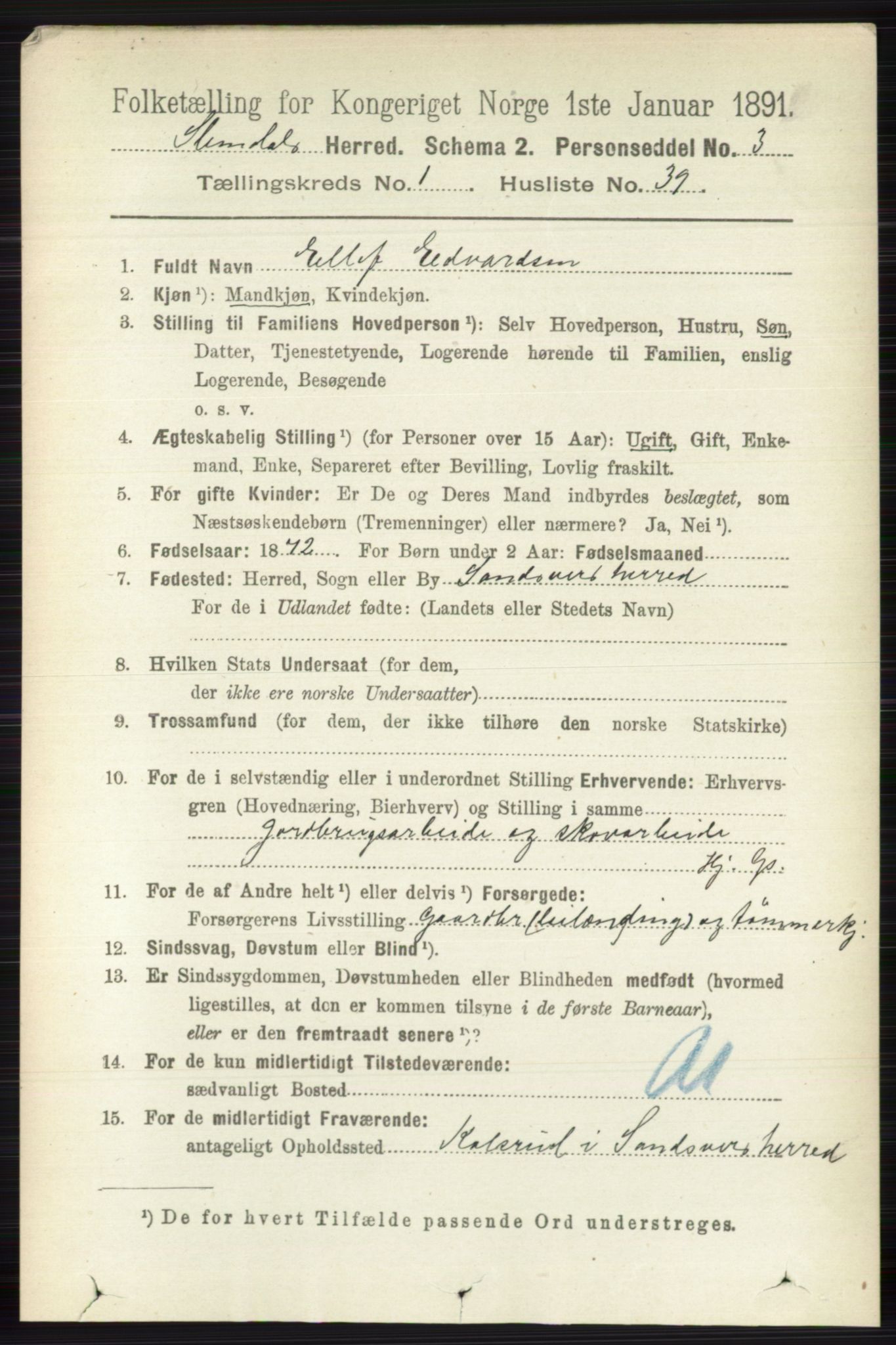 RA, Folketelling 1891 for 0811 Slemdal herred, 1891, s. 288