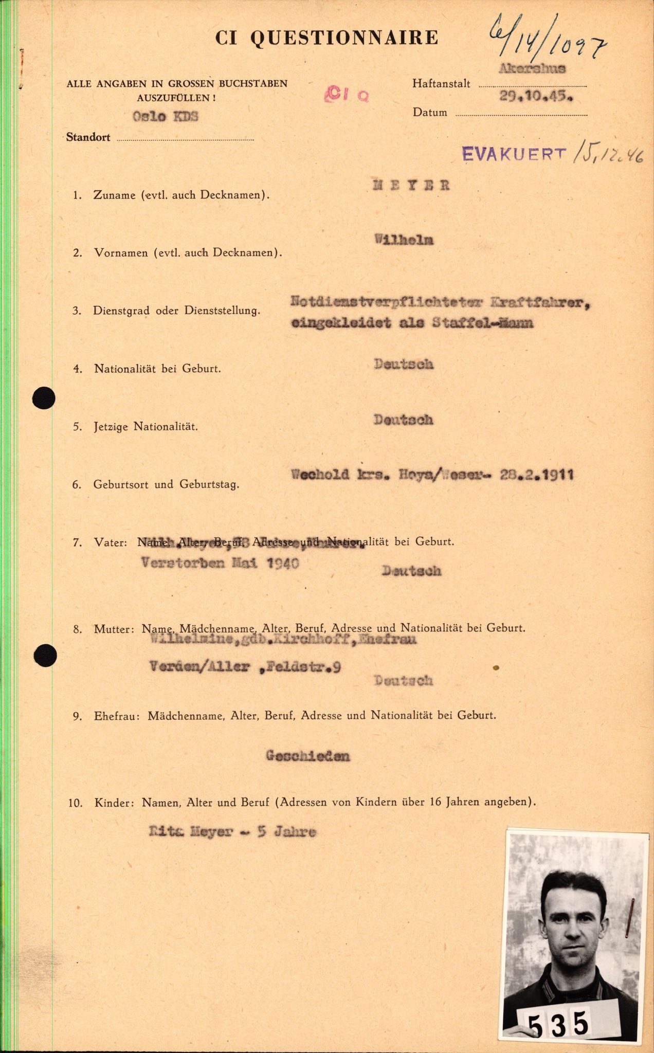 Forsvaret, Forsvarets overkommando II, RA/RAFA-3915/D/Db/L0022: CI Questionaires. Tyske okkupasjonsstyrker i Norge. Tyskere., 1945-1946, s. 131