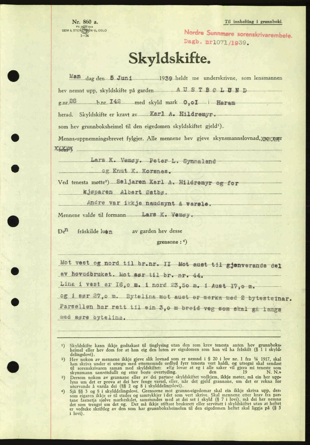 Nordre Sunnmøre sorenskriveri, SAT/A-0006/1/2/2C/2Ca: Pantebok nr. A7, 1939-1939, Dagboknr: 1071/1939