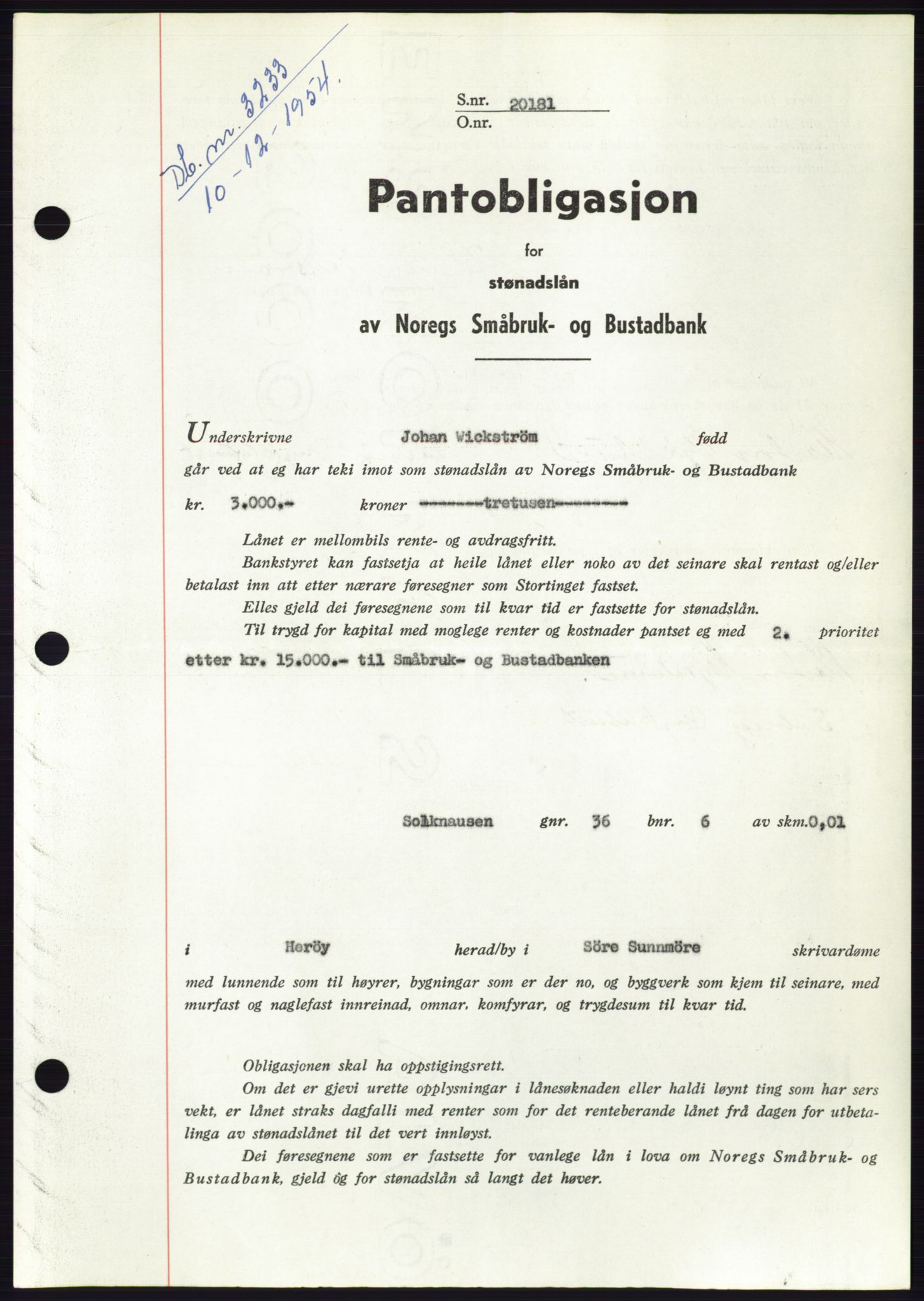 Søre Sunnmøre sorenskriveri, AV/SAT-A-4122/1/2/2C/L0126: Pantebok nr. 14B, 1954-1955, Dagboknr: 3233/1954