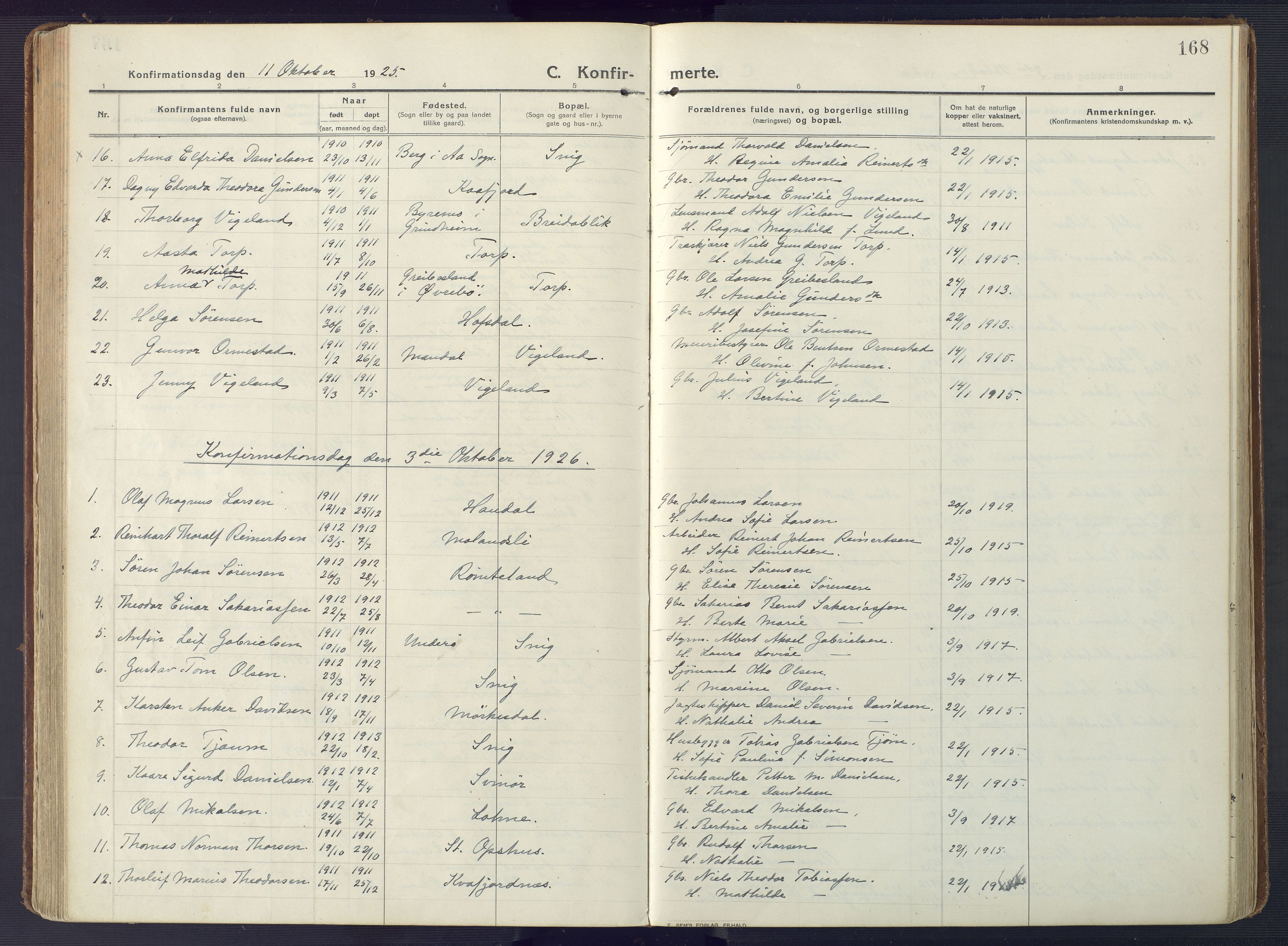 Sør-Audnedal sokneprestkontor, SAK/1111-0039/F/Fa/Fab/L0011: Ministerialbok nr. A 11, 1912-1938, s. 168