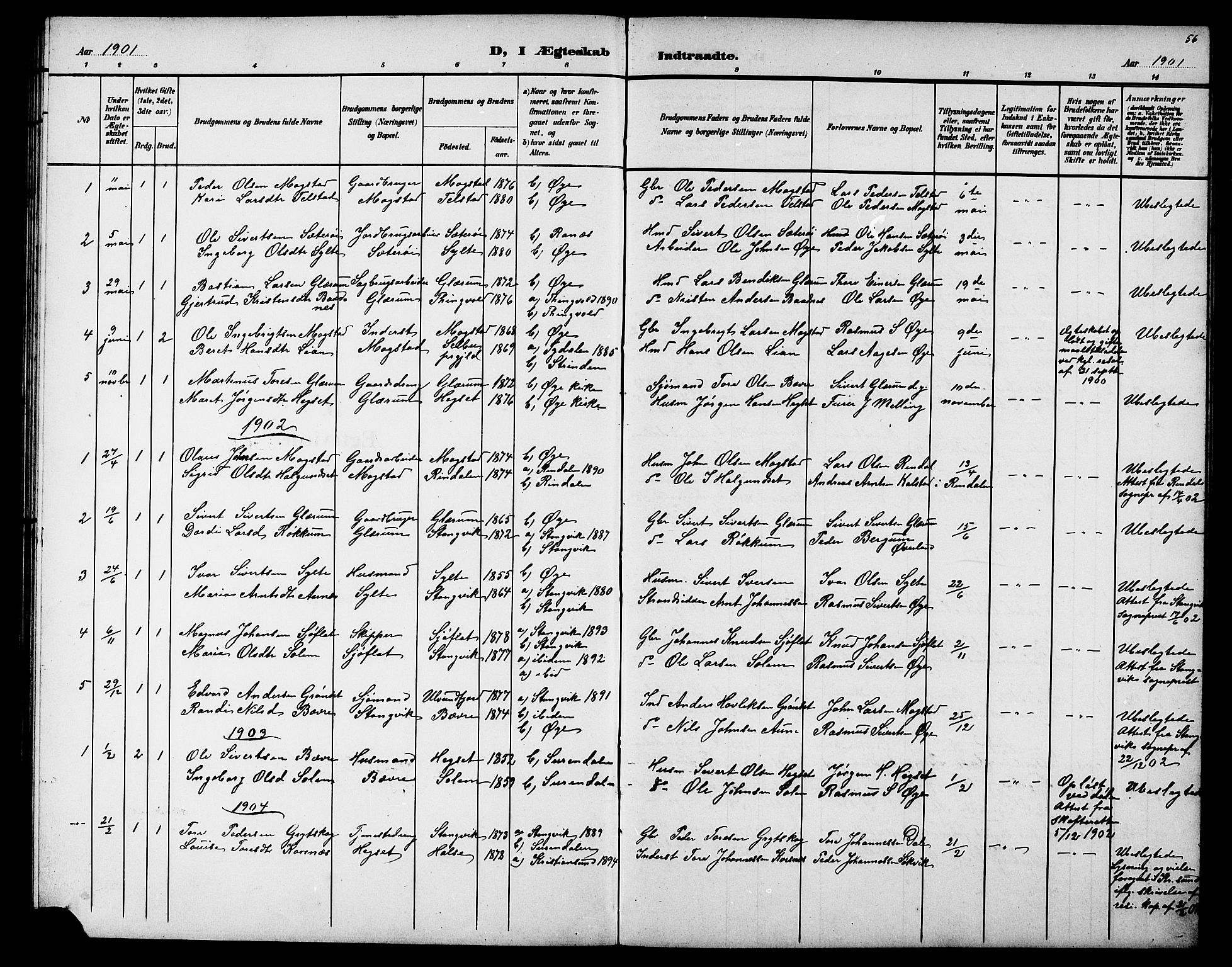 Ministerialprotokoller, klokkerbøker og fødselsregistre - Møre og Romsdal, AV/SAT-A-1454/595/L1053: Klokkerbok nr. 595C05, 1901-1919, s. 56