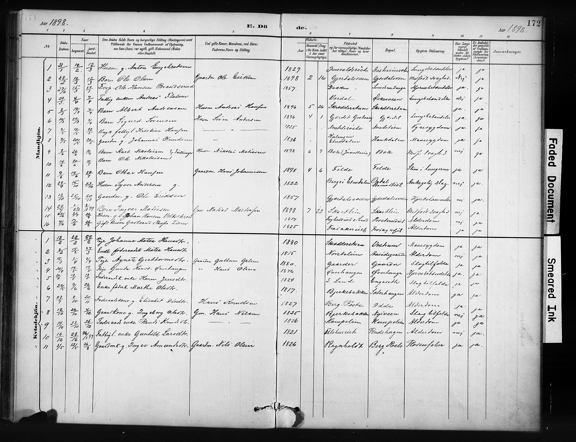 Nordre Land prestekontor, SAH/PREST-124/H/Ha/Hab/L0012: Klokkerbok nr. 12, 1891-1909, s. 172