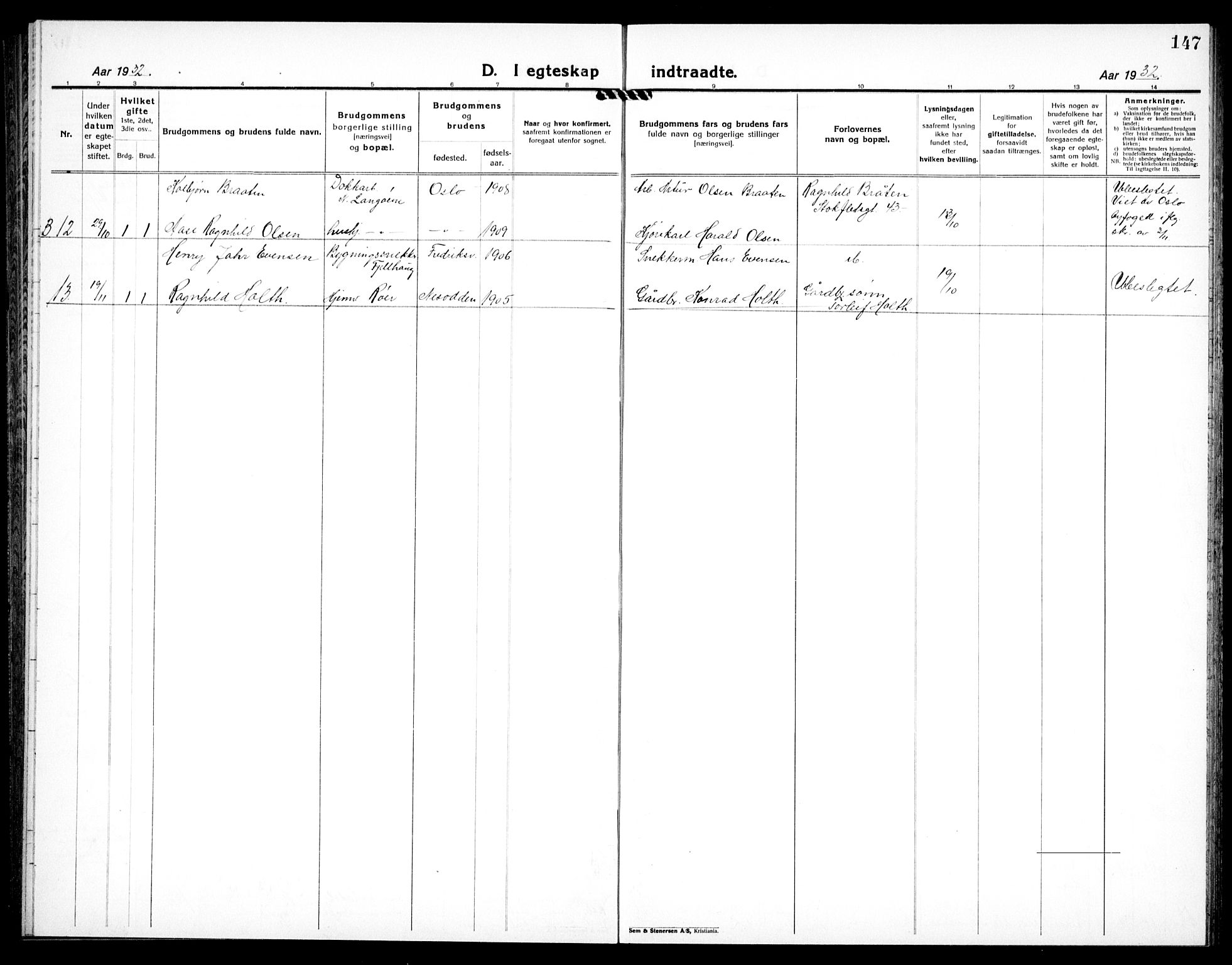 Nesodden prestekontor Kirkebøker, AV/SAO-A-10013/G/Ga/L0003: Klokkerbok nr. I 3, 1924-1939, s. 147