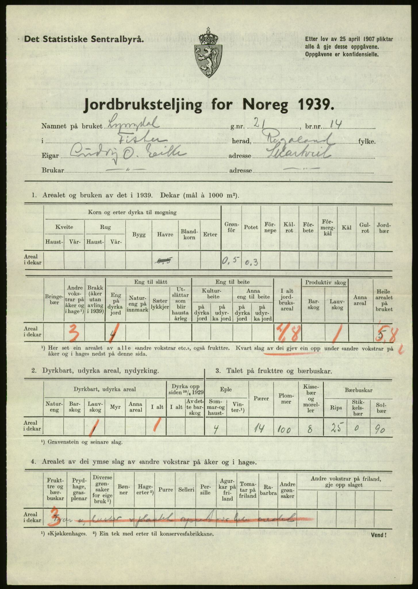 Statistisk sentralbyrå, Næringsøkonomiske emner, Jordbruk, skogbruk, jakt, fiske og fangst, AV/RA-S-2234/G/Gb/L0184: Rogaland: Årdal, Fister og Hjelmeland, 1939, s. 123