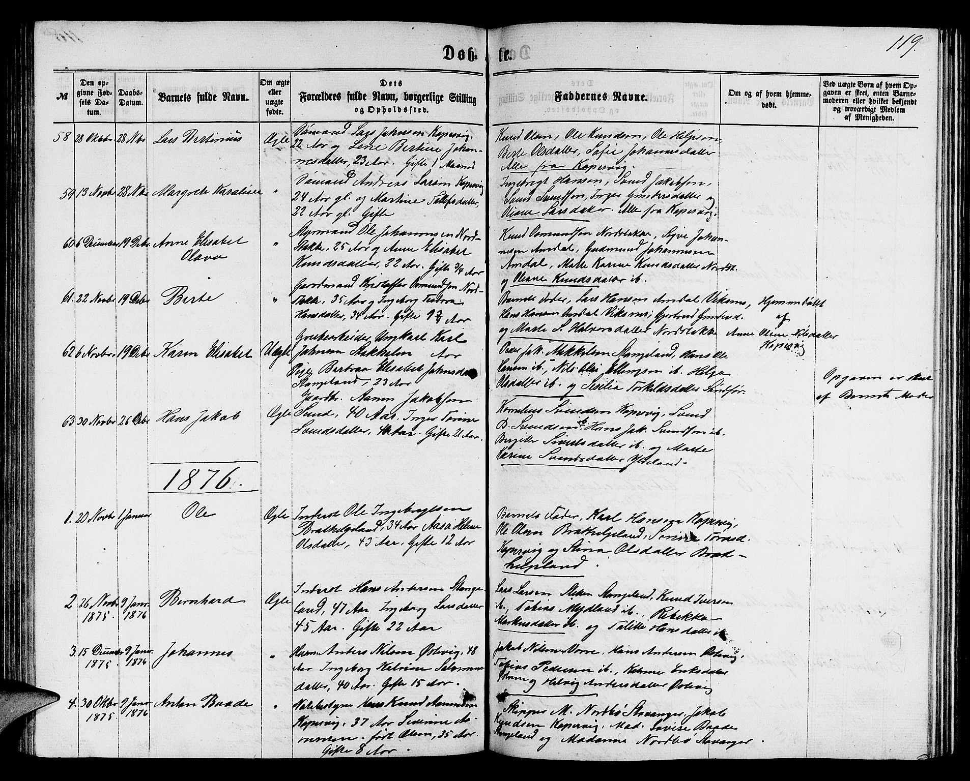 Avaldsnes sokneprestkontor, AV/SAST-A -101851/H/Ha/Hab/L0004: Klokkerbok nr. B 4, 1861-1876, s. 119
