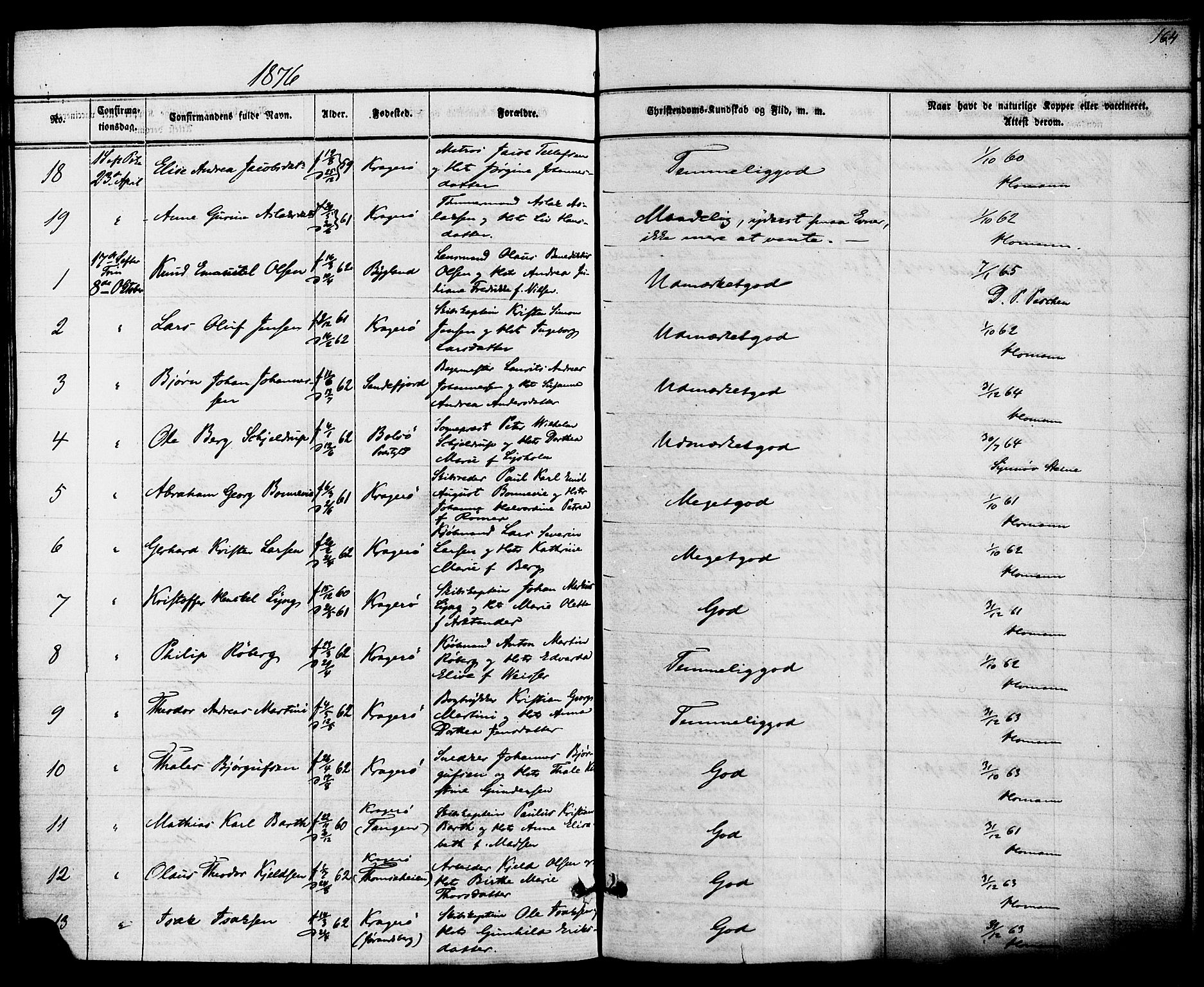 Kragerø kirkebøker, AV/SAKO-A-278/F/Fa/L0008: Ministerialbok nr. 8, 1856-1880, s. 164