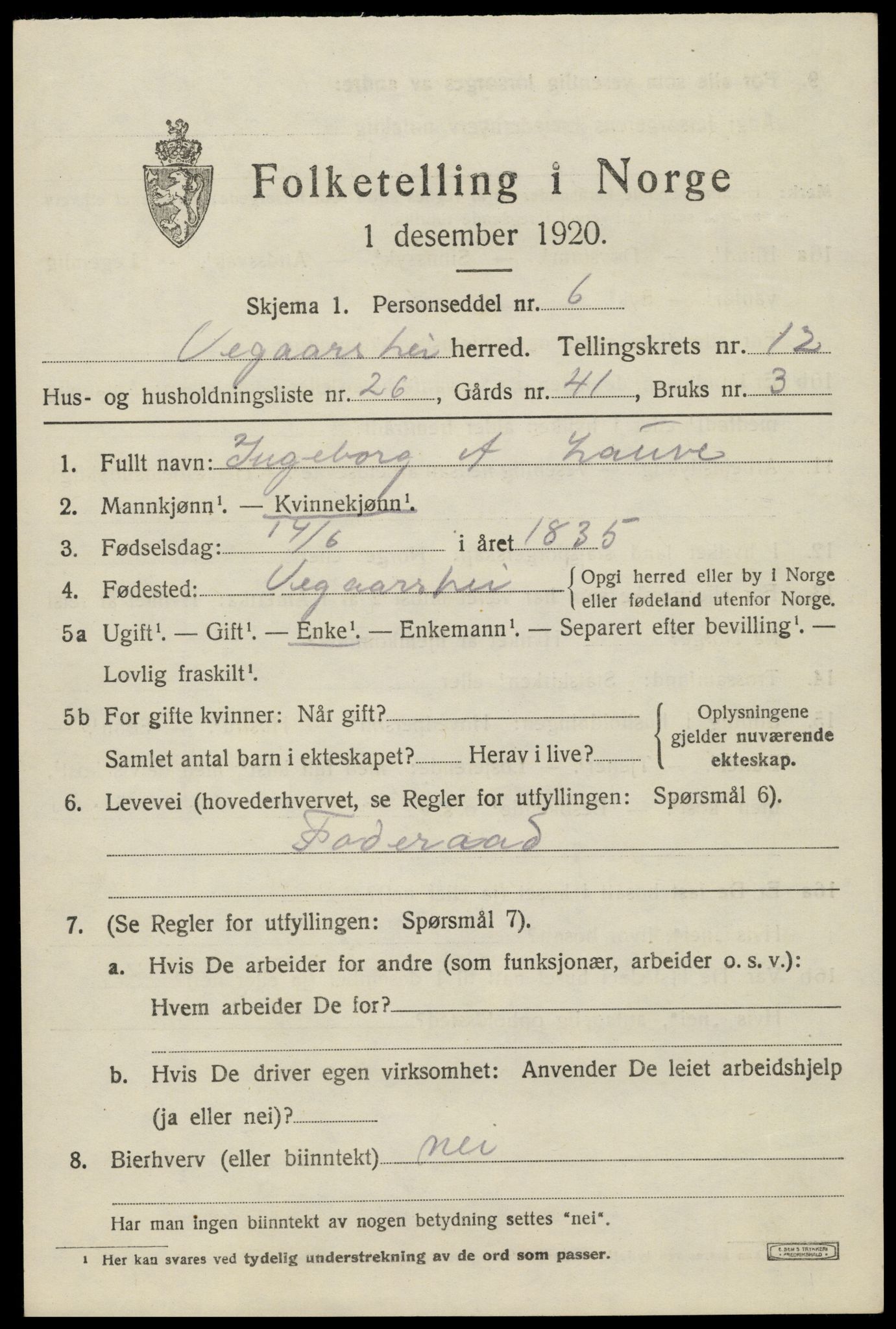 SAK, Folketelling 1920 for 0912 Vegårshei herred, 1920, s. 4098