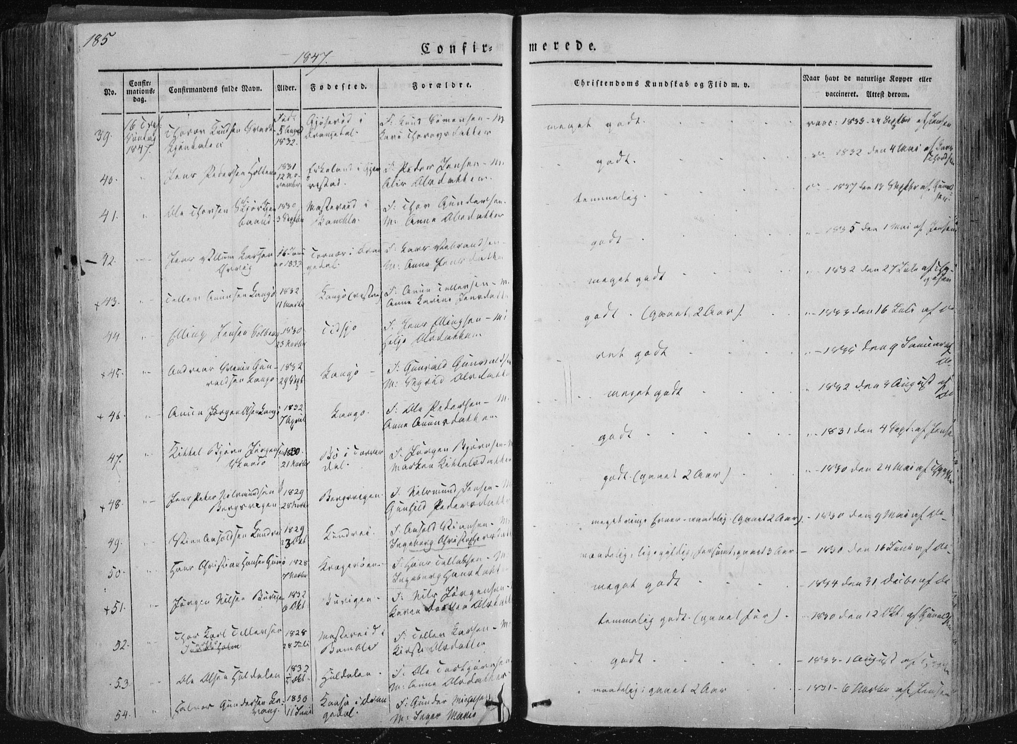 Sannidal kirkebøker, AV/SAKO-A-296/F/Fa/L0007: Ministerialbok nr. 7, 1831-1854, s. 185