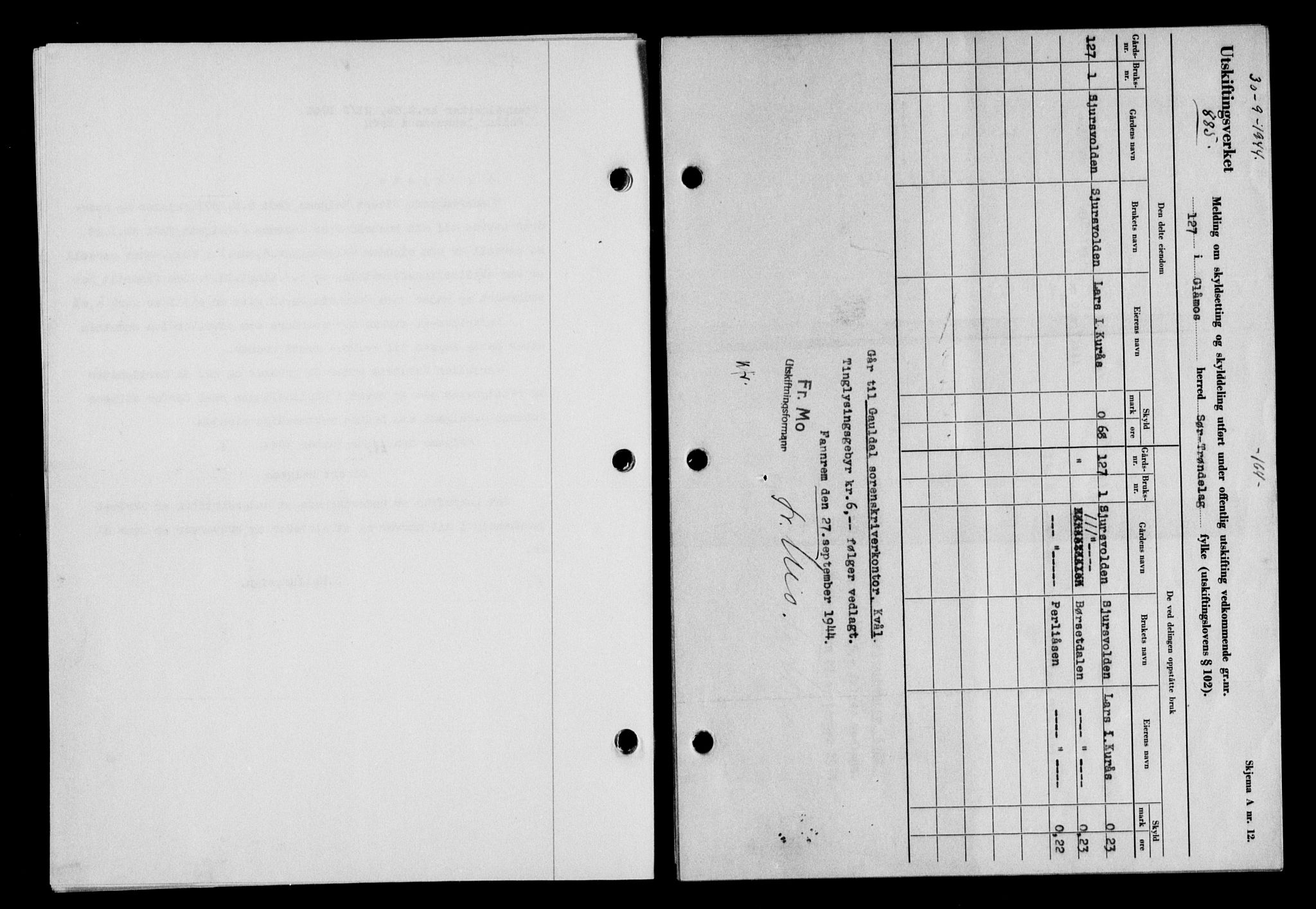 Gauldal sorenskriveri, SAT/A-0014/1/2/2C/L0058: Pantebok nr. 63, 1944-1945, Dagboknr: 885/1944