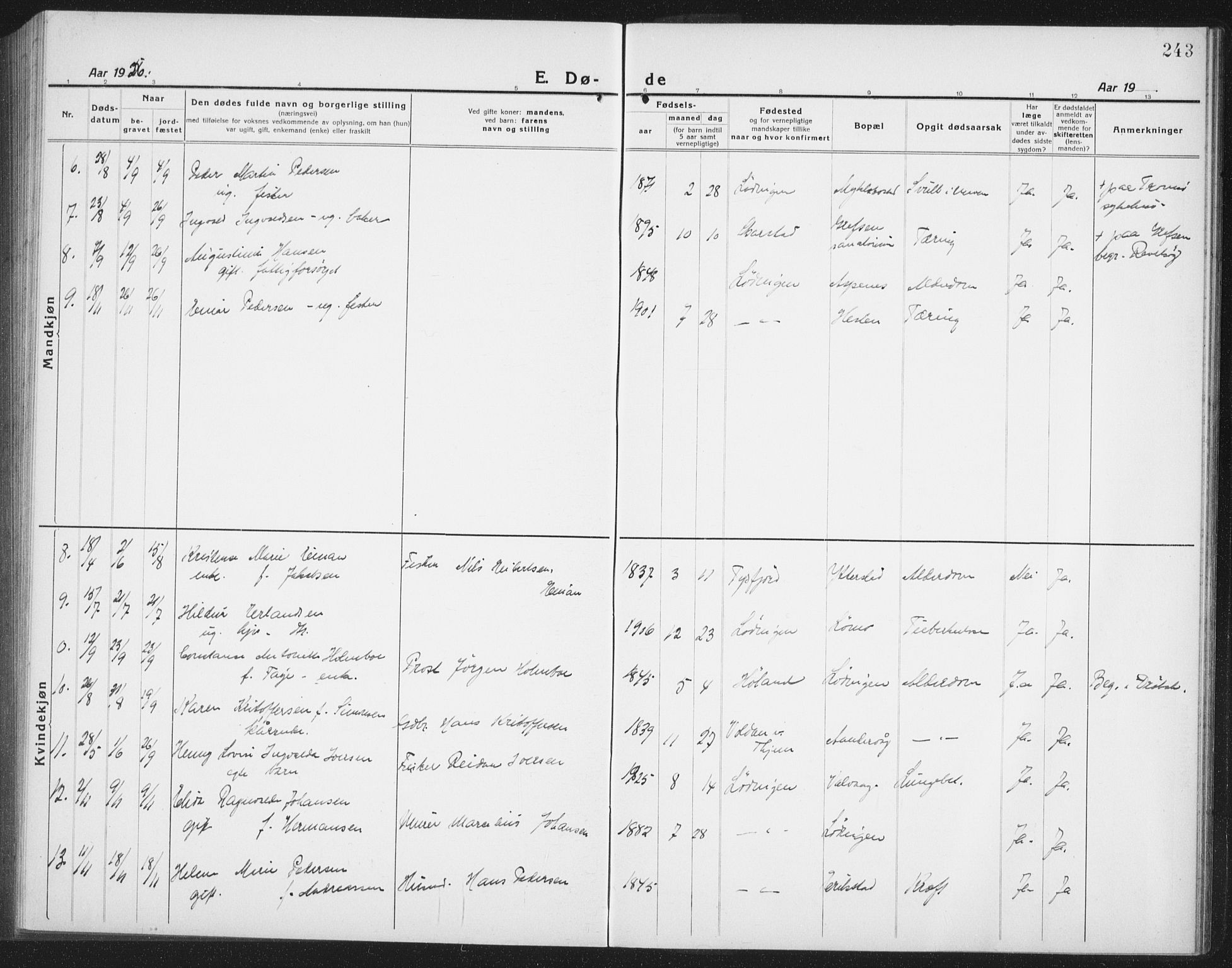 Ministerialprotokoller, klokkerbøker og fødselsregistre - Nordland, AV/SAT-A-1459/872/L1049: Klokkerbok nr. 872C05, 1920-1938, s. 243