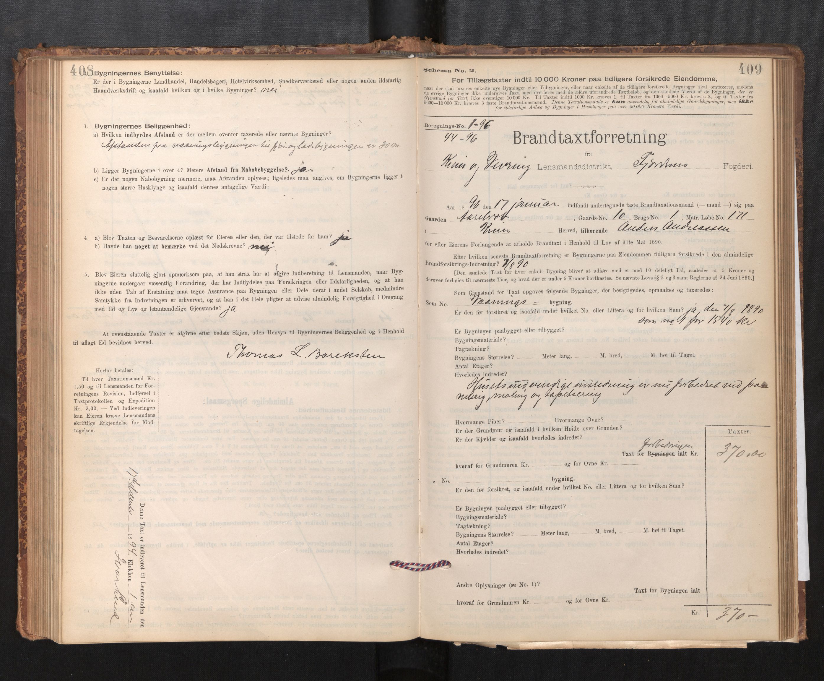 Lensmannen i Kinn, SAB/A-28801/0012/L0004f: Branntakstprotokoll, skjematakst, 1894-1911, s. 408-409