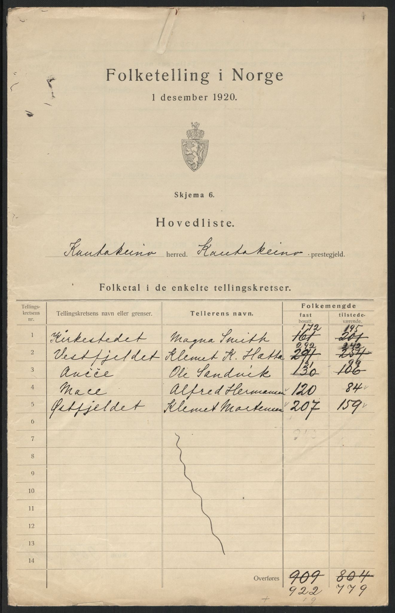 SATØ, Folketelling 1920 for 2011 Kautokeino herred, 1920, s. 3