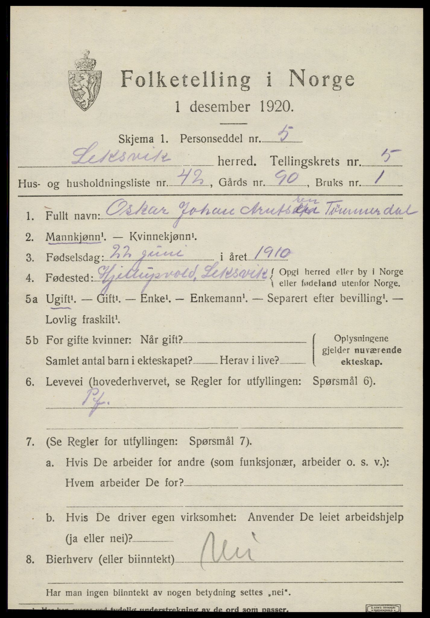 SAT, Folketelling 1920 for 1718 Leksvik herred, 1920, s. 5342