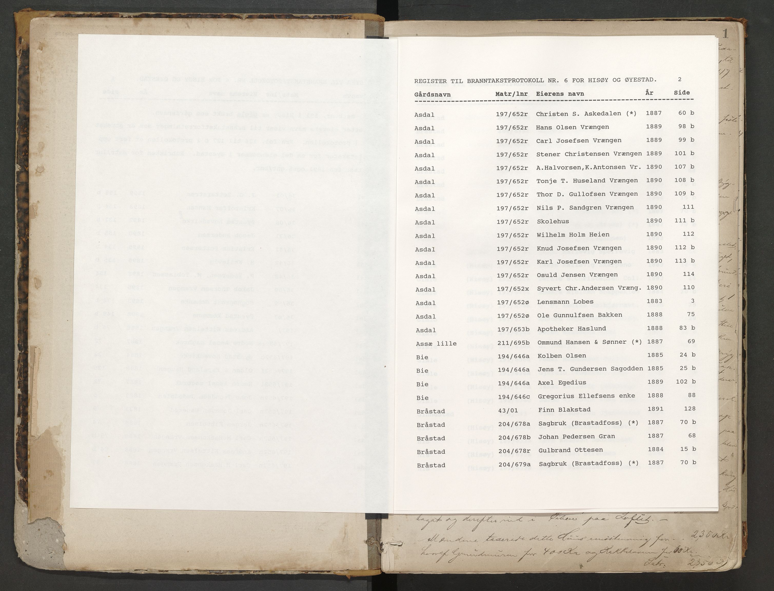 Norges Brannkasse Øyestad, AV/SAK-2241-0059/F/Fa/L0006: Branntakstprotokoll nr. 6 for Øyestad og Hisøy med gårdsnavnregister, 1883-1905