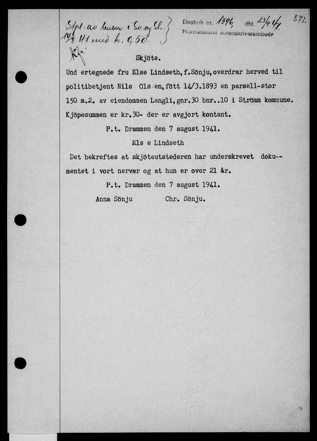 Holmestrand sorenskriveri, SAKO/A-67/G/Ga/Gaa/L0053: Pantebok nr. A-53, 1941-1941, Dagboknr: 1396/1941
