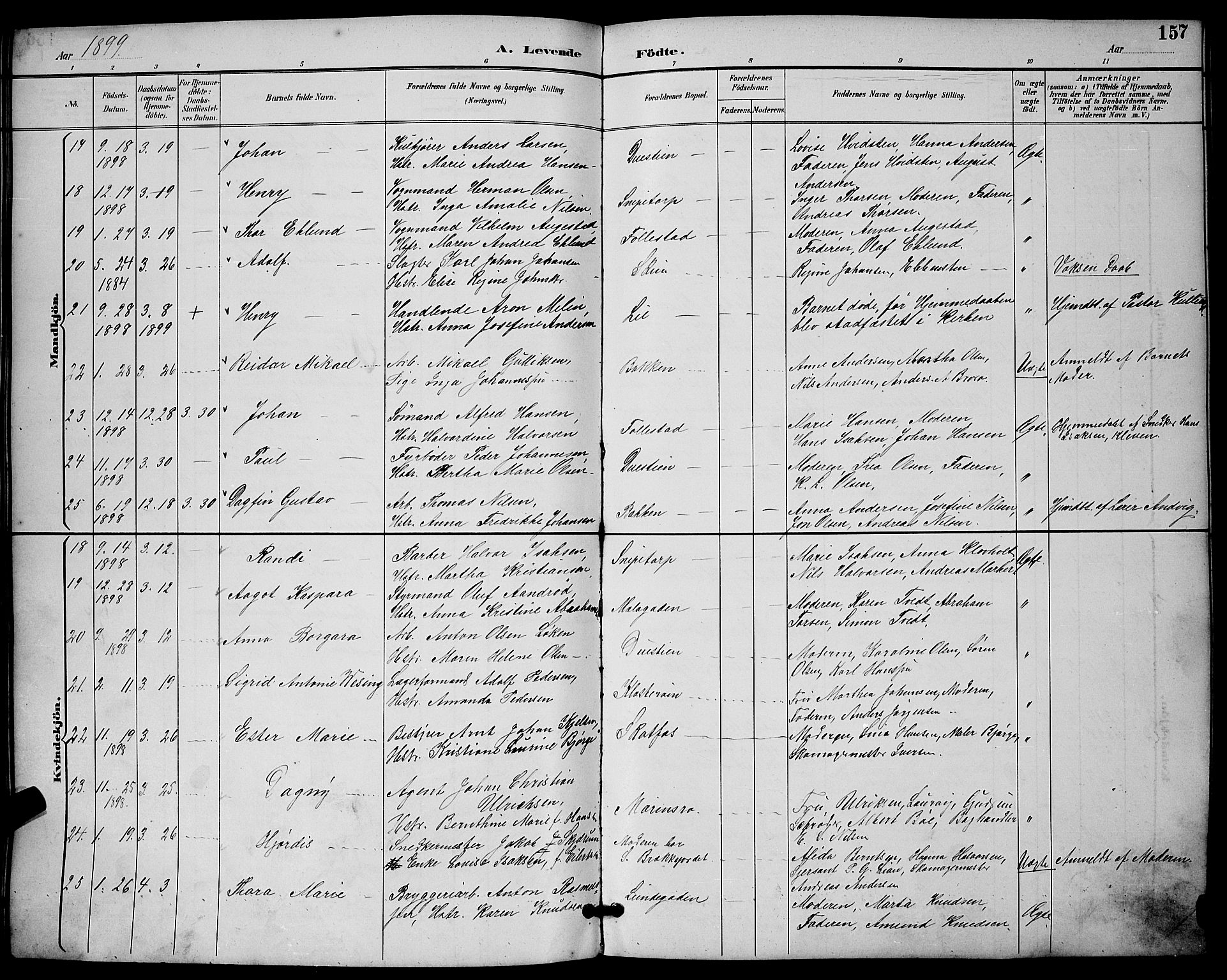 Skien kirkebøker, AV/SAKO-A-302/G/Ga/L0007: Klokkerbok nr. 7, 1891-1900, s. 157