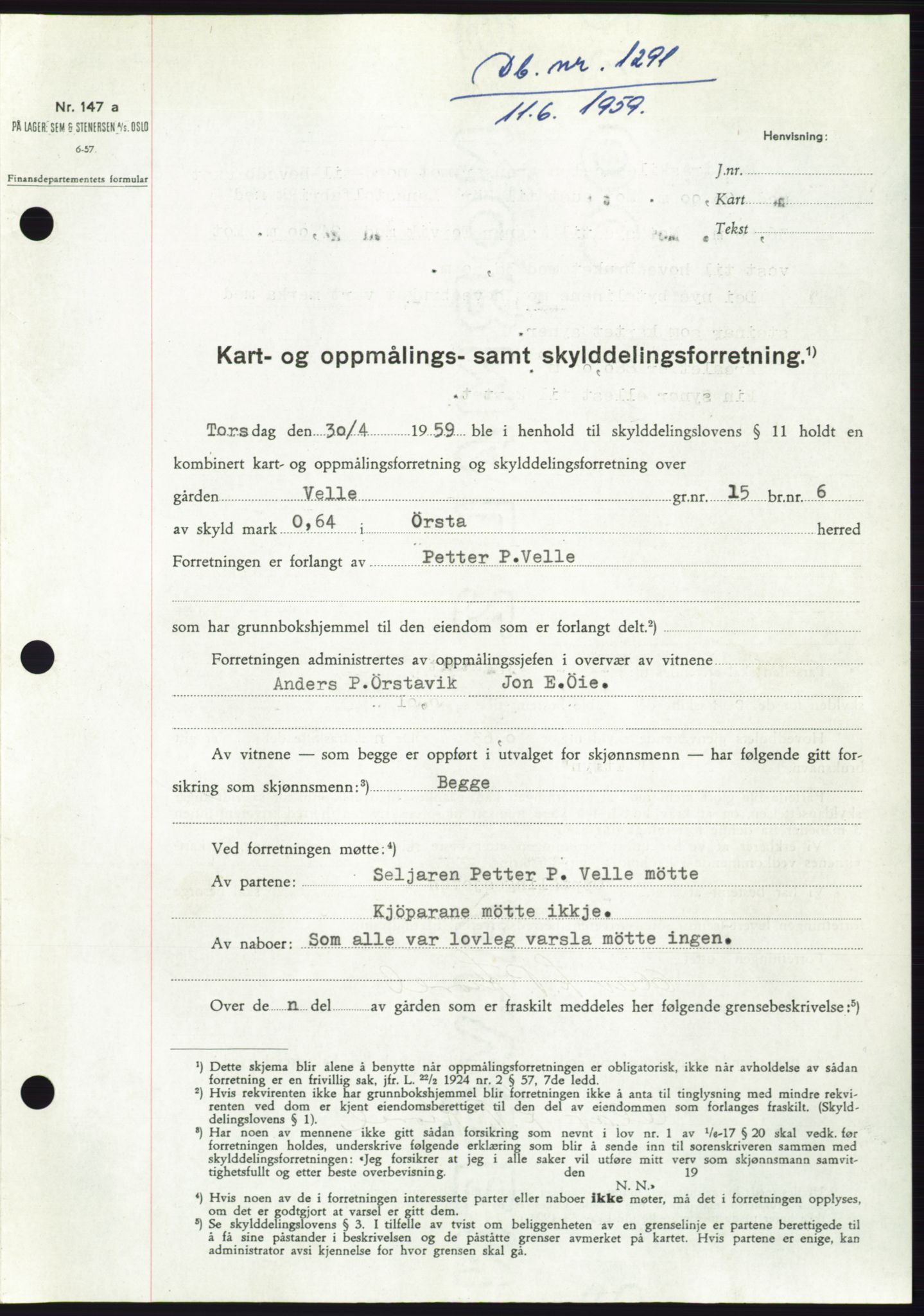 Søre Sunnmøre sorenskriveri, SAT/A-4122/1/2/2C/L0112: Pantebok nr. 38A, 1959-1959, Dagboknr: 1291/1959