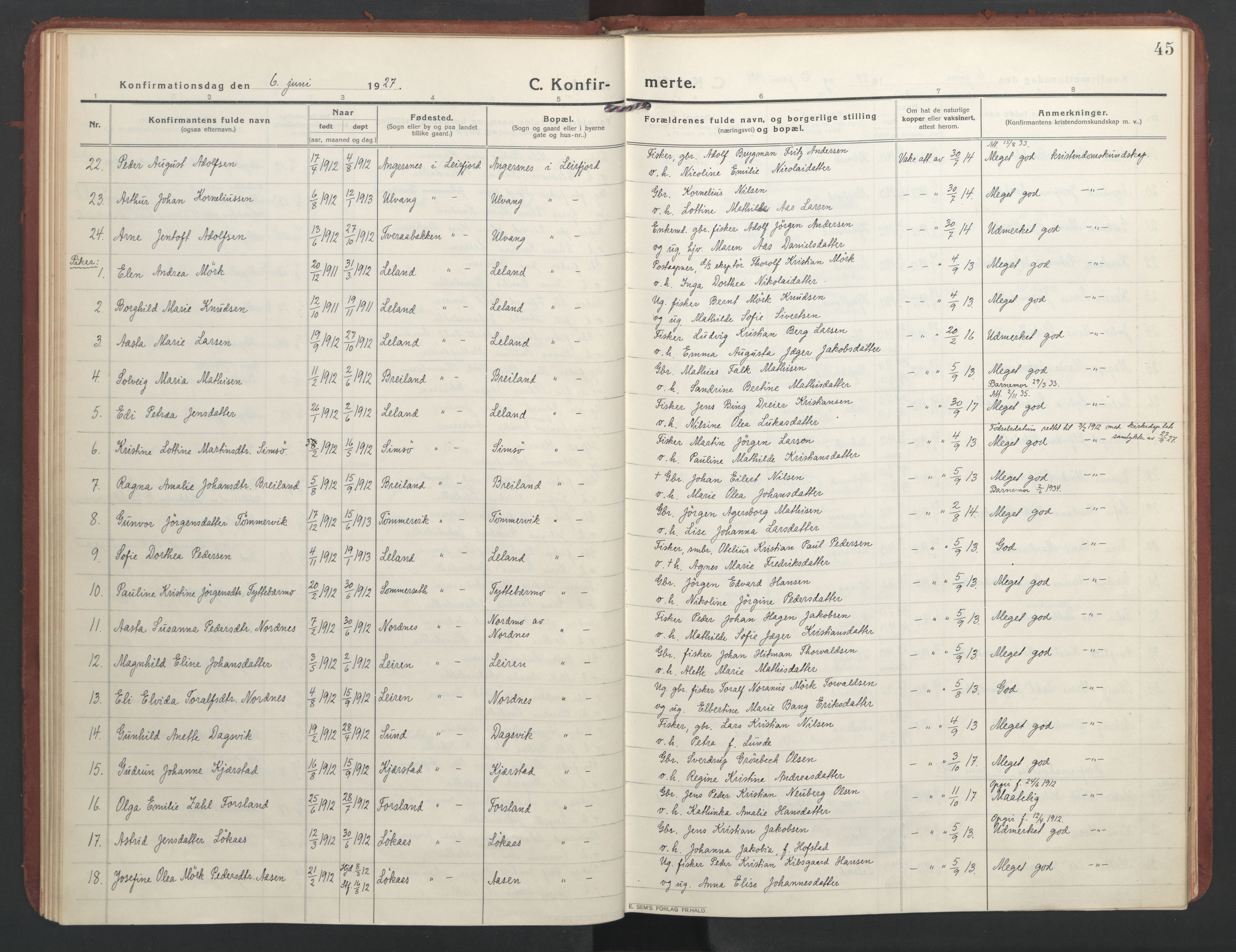 Ministerialprotokoller, klokkerbøker og fødselsregistre - Nordland, AV/SAT-A-1459/832/L0492: Ministerialbok nr. 832A01, 1916-1934, s. 45