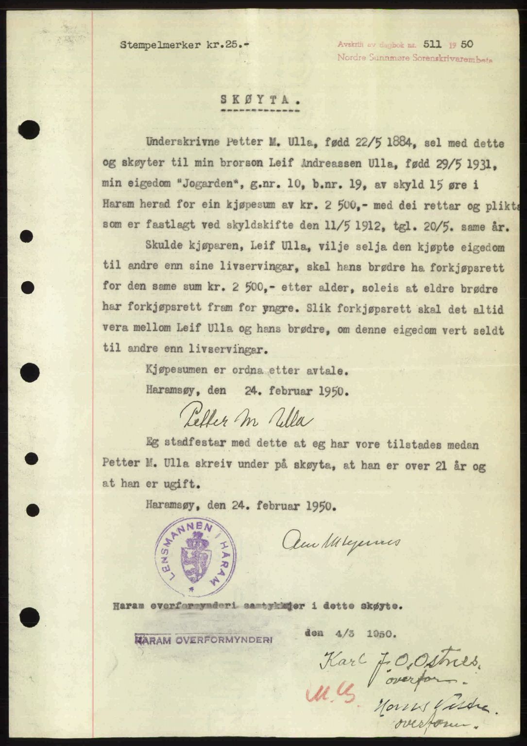 Nordre Sunnmøre sorenskriveri, SAT/A-0006/1/2/2C/2Ca: Pantebok nr. A33, 1949-1950, Dagboknr: 511/1950