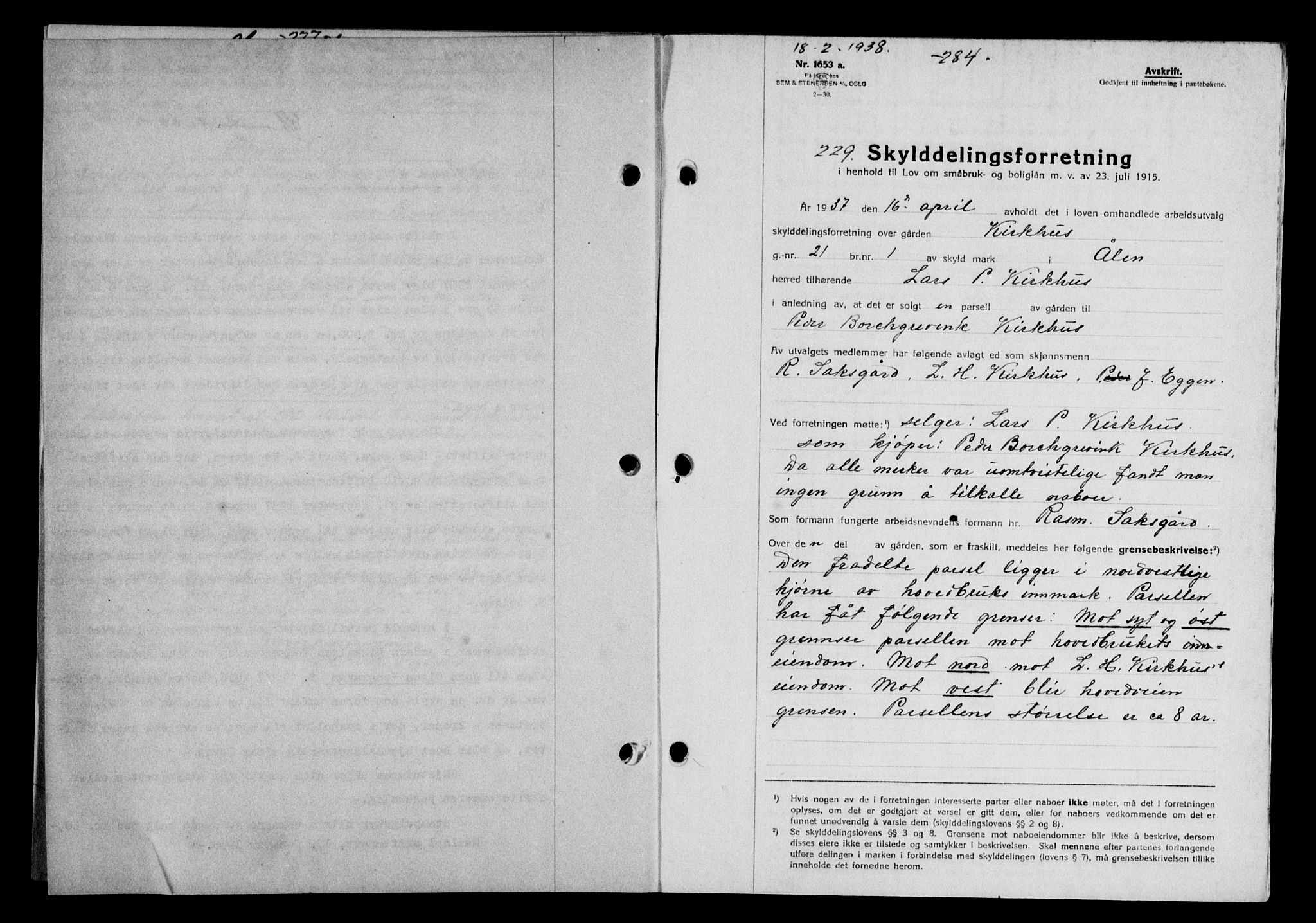 Gauldal sorenskriveri, SAT/A-0014/1/2/2C/L0048: Pantebok nr. 51-52, 1937-1938, s. 284, Dagboknr: 229/1938