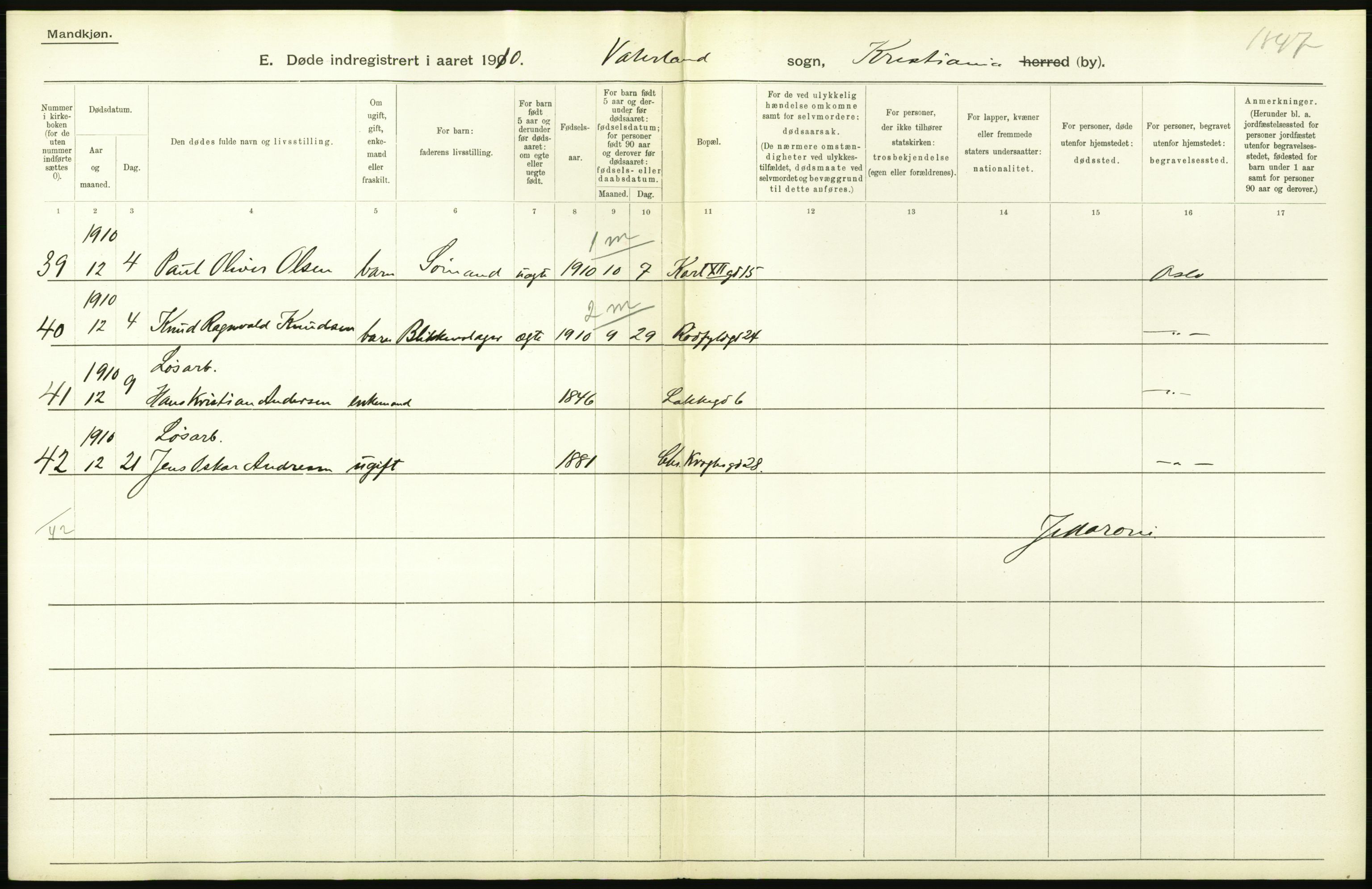 Statistisk sentralbyrå, Sosiodemografiske emner, Befolkning, RA/S-2228/D/Df/Dfa/Dfah/L0008: Kristiania: Døde, 1910, s. 664